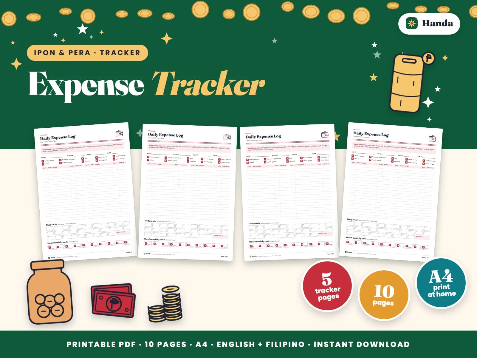 Cover of Expense Tracker, a printable money tracker showing four of its pages