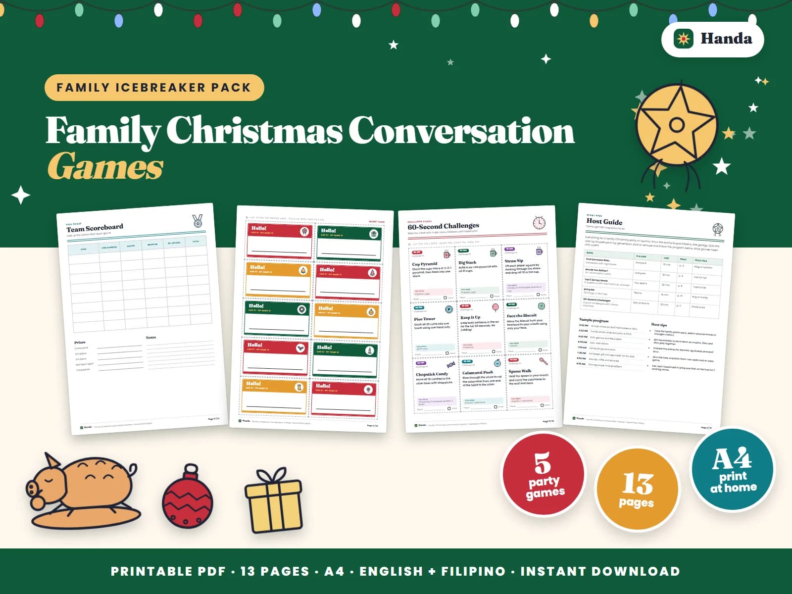 Cover of Family Christmas Conversation Games, a printable icebreaker pack showing four of its pages