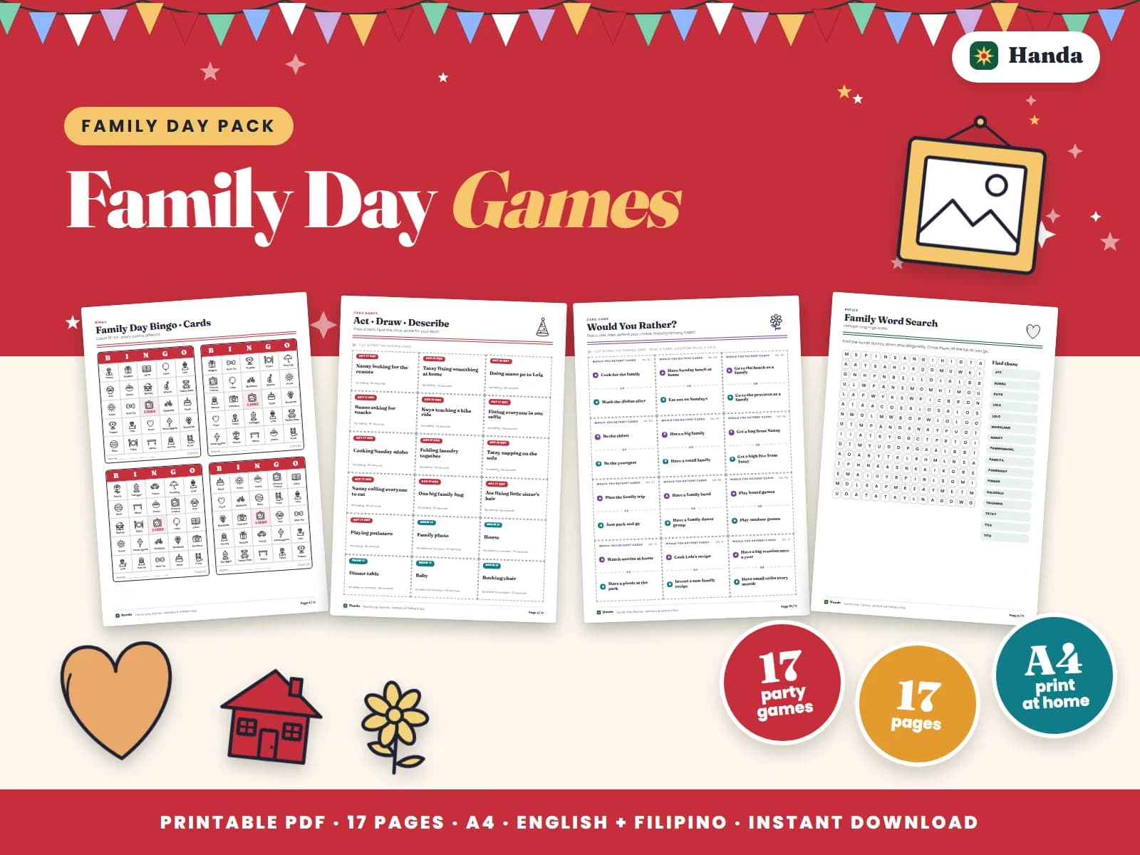 Cover of Family Day Games, a printable party games pack showing four of its pages