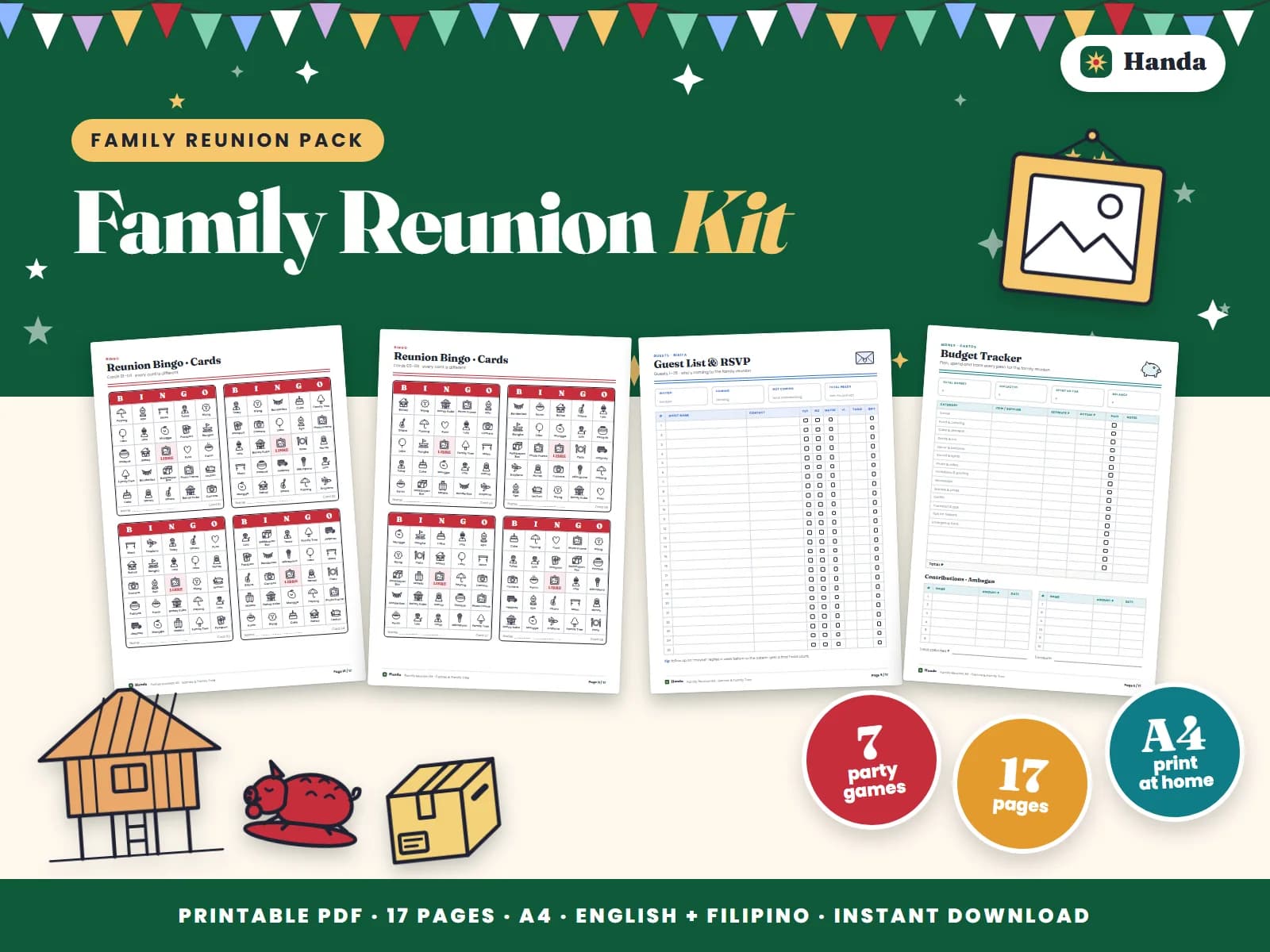 Cover of Family Reunion Kit, a printable reunion kit showing four of its pages