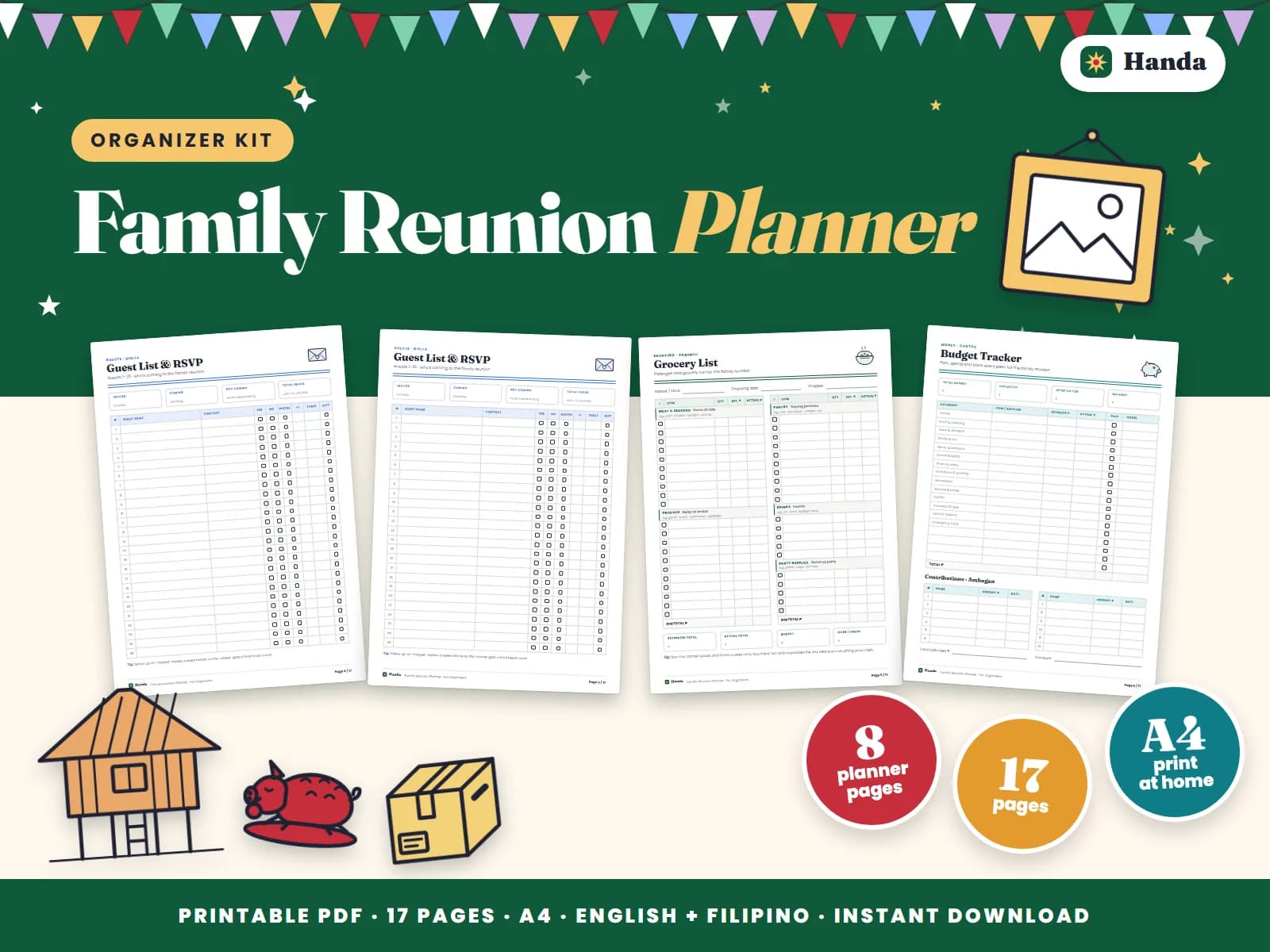Cover of Family Reunion Planner, a printable party planner kit showing four of its pages