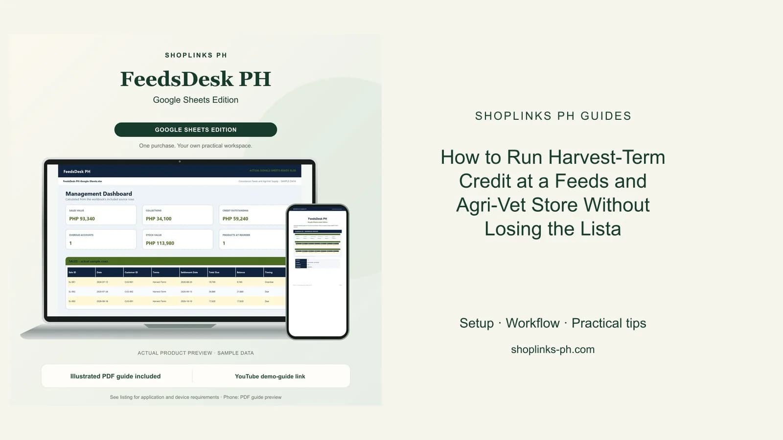 How to Run Harvest-Term Credit at a Feeds and Agri-Vet Store Without Losing the Lista: matching product and illustrated guide previews on laptop and phone.