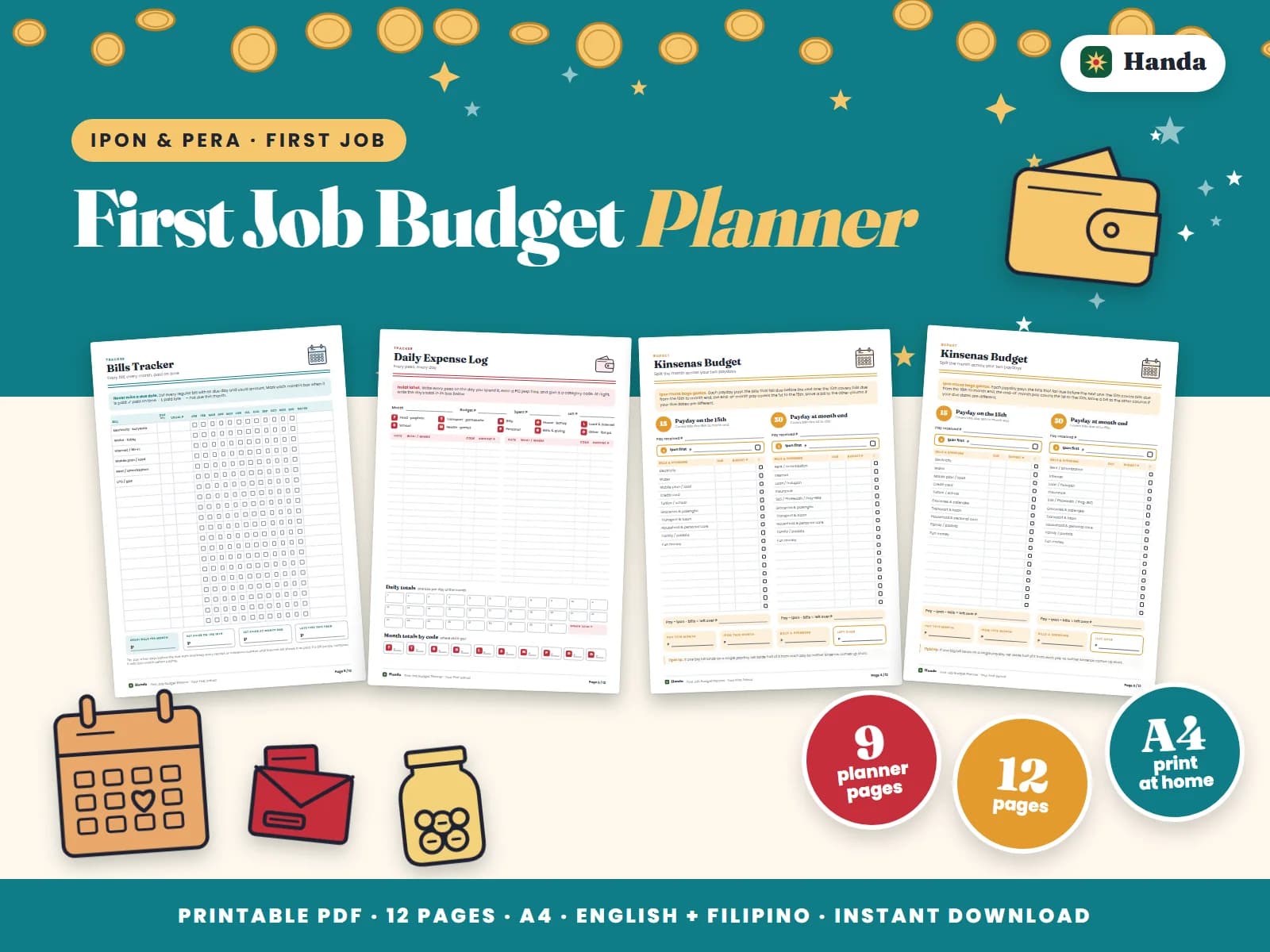 Cover of First Job Budget Planner, a printable budget planner showing four of its pages