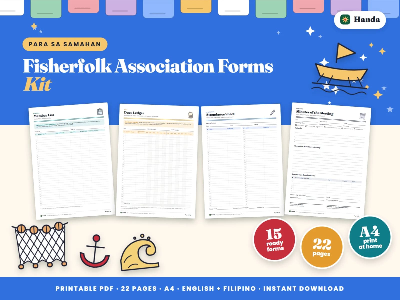Cover of Fisherfolk Association Forms Kit, a printable association forms kit showing four of its pages