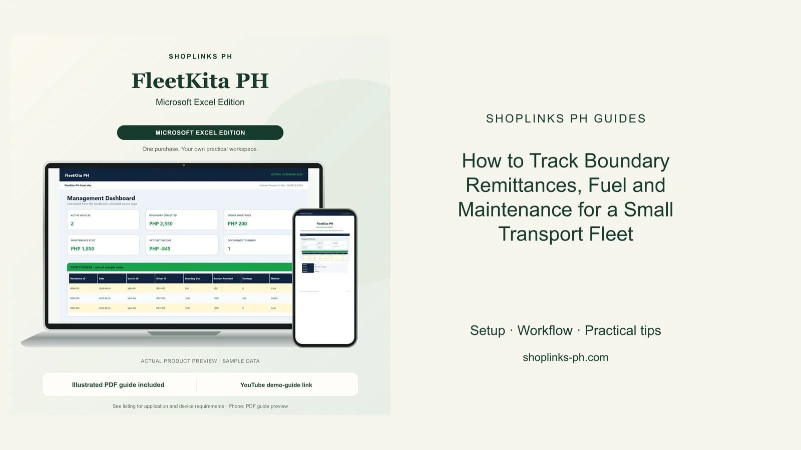How to Track Boundary Remittances, Fuel and Maintenance for a Small Transport Fleet: matching product and illustrated guide previews on laptop and phone.