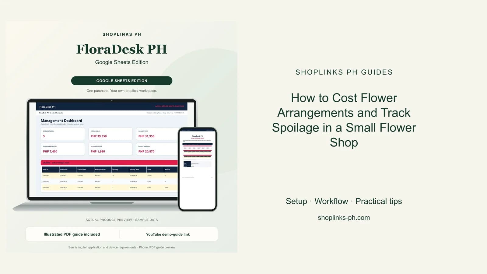 How to Cost Flower Arrangements and Track Spoilage in a Small Flower Shop: matching product and illustrated guide previews on laptop and phone.