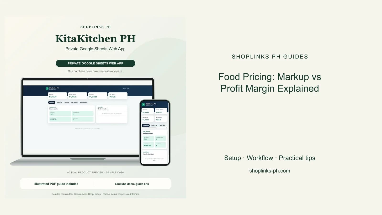 Food Pricing: Markup vs Profit Margin Explained: matching product and illustrated guide previews on laptop and phone.