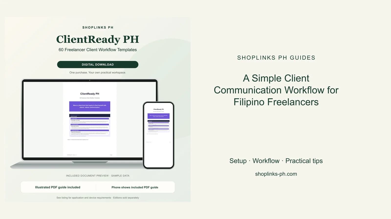 A Simple Client Communication Workflow for Filipino Freelancers: matching product and illustrated guide previews on laptop and phone.