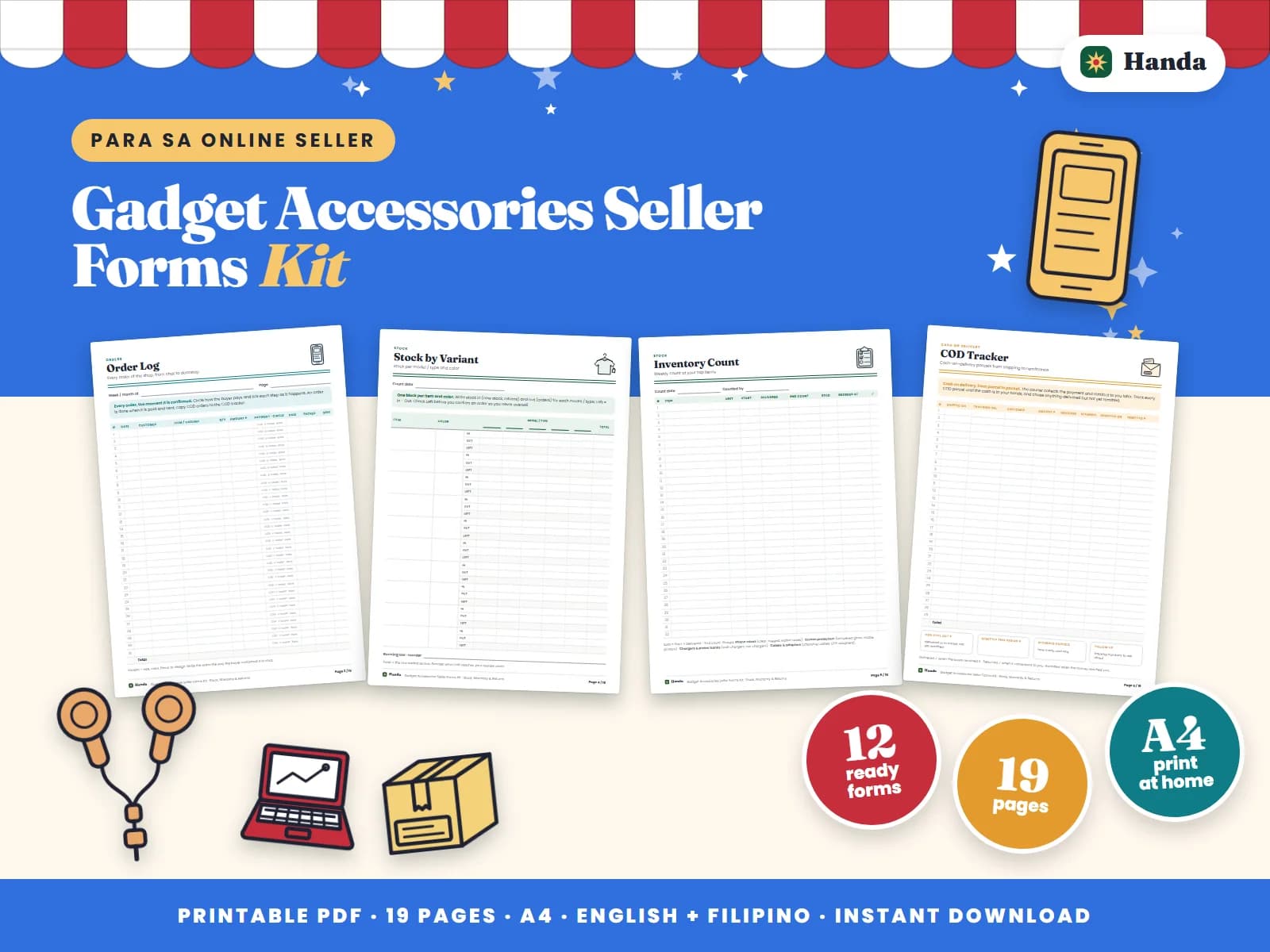 Cover of Gadget Accessories Seller Forms Kit, a printable online seller forms kit showing four of its pages