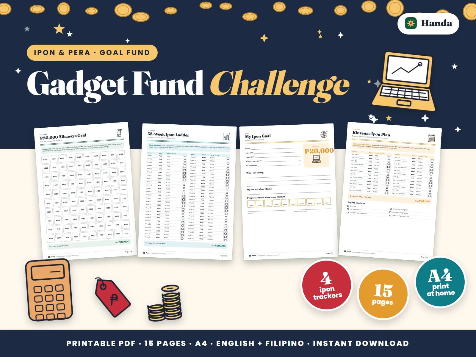 Cover of Gadget Fund Challenge, a printable ipon challenge kit showing four of its pages