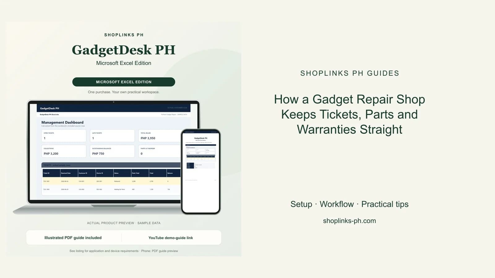 How a Gadget Repair Shop Keeps Tickets, Parts and Warranties Straight: matching product and illustrated guide previews on laptop and phone.