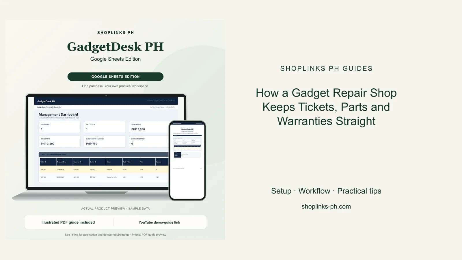 How a Gadget Repair Shop Keeps Tickets, Parts and Warranties Straight: matching product and illustrated guide previews on laptop and phone.