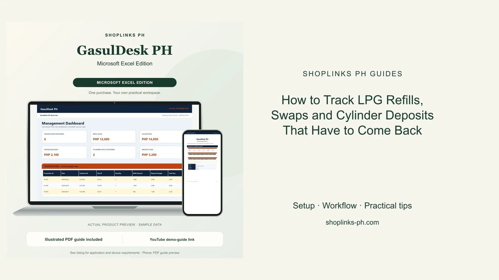 How to Track LPG Refills, Swaps and Cylinder Deposits That Have to Come Back: matching product and illustrated guide previews on laptop and phone.
