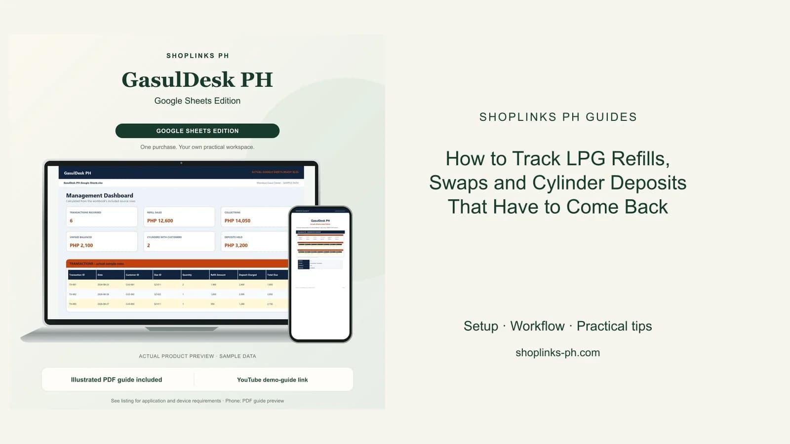 How to Track LPG Refills, Swaps and Cylinder Deposits That Have to Come Back: matching product and illustrated guide previews on laptop and phone.