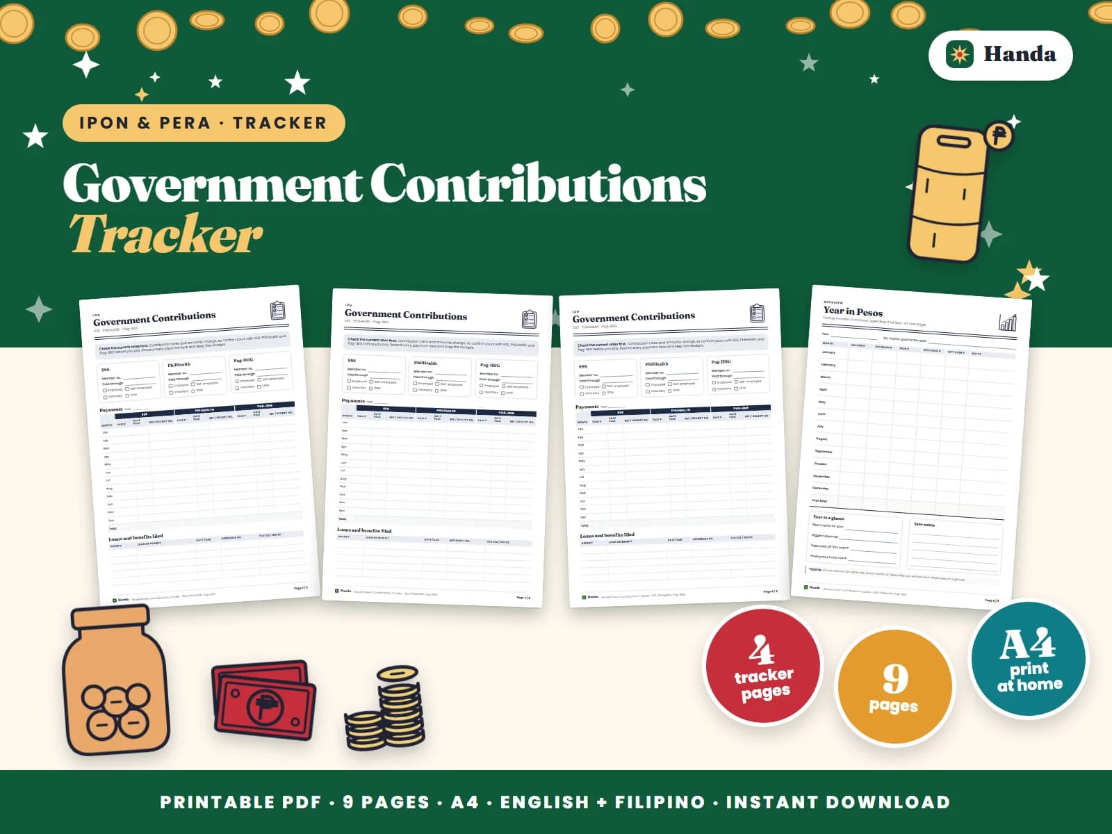 Cover of Government Contributions Tracker, a printable money tracker showing four of its pages