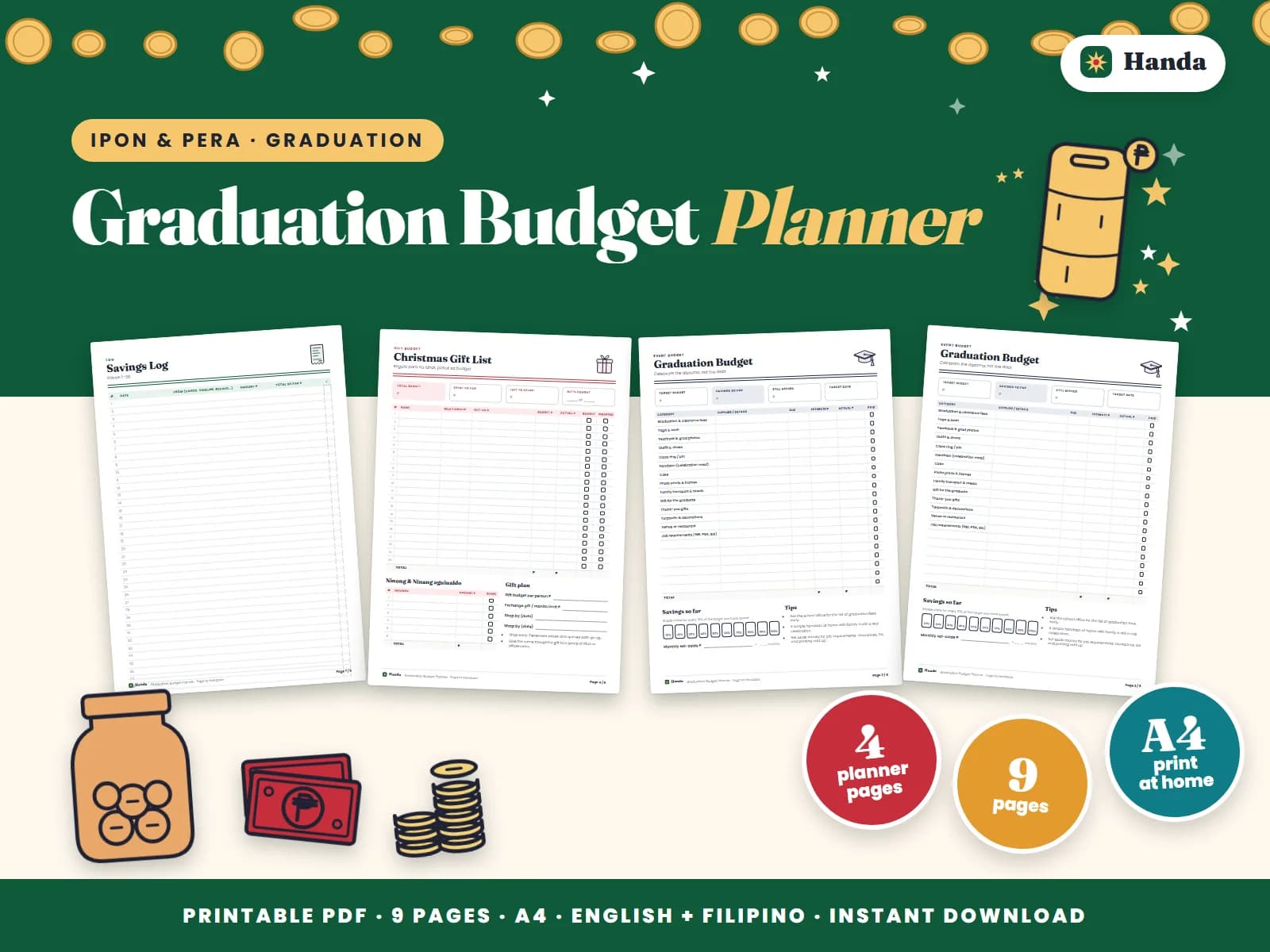 Cover of Graduation Budget Planner, a printable budget planner showing four of its pages