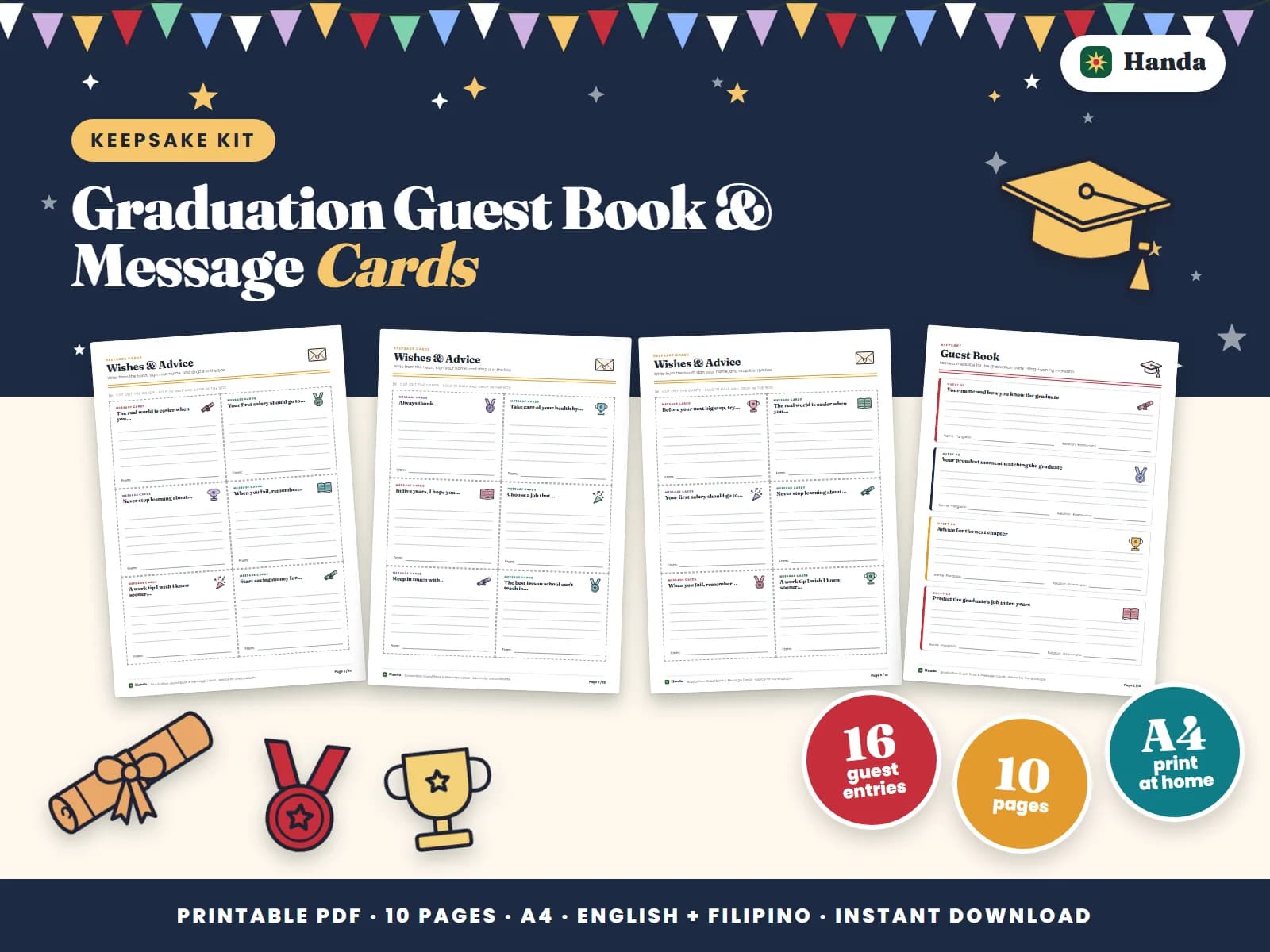 Cover of Graduation Guest Book & Message Cards, a printable guest book and keepsake set showing four of its pages