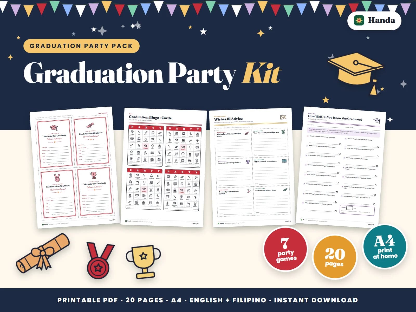 Cover of Graduation Party Kit, a printable party kit showing four of its pages