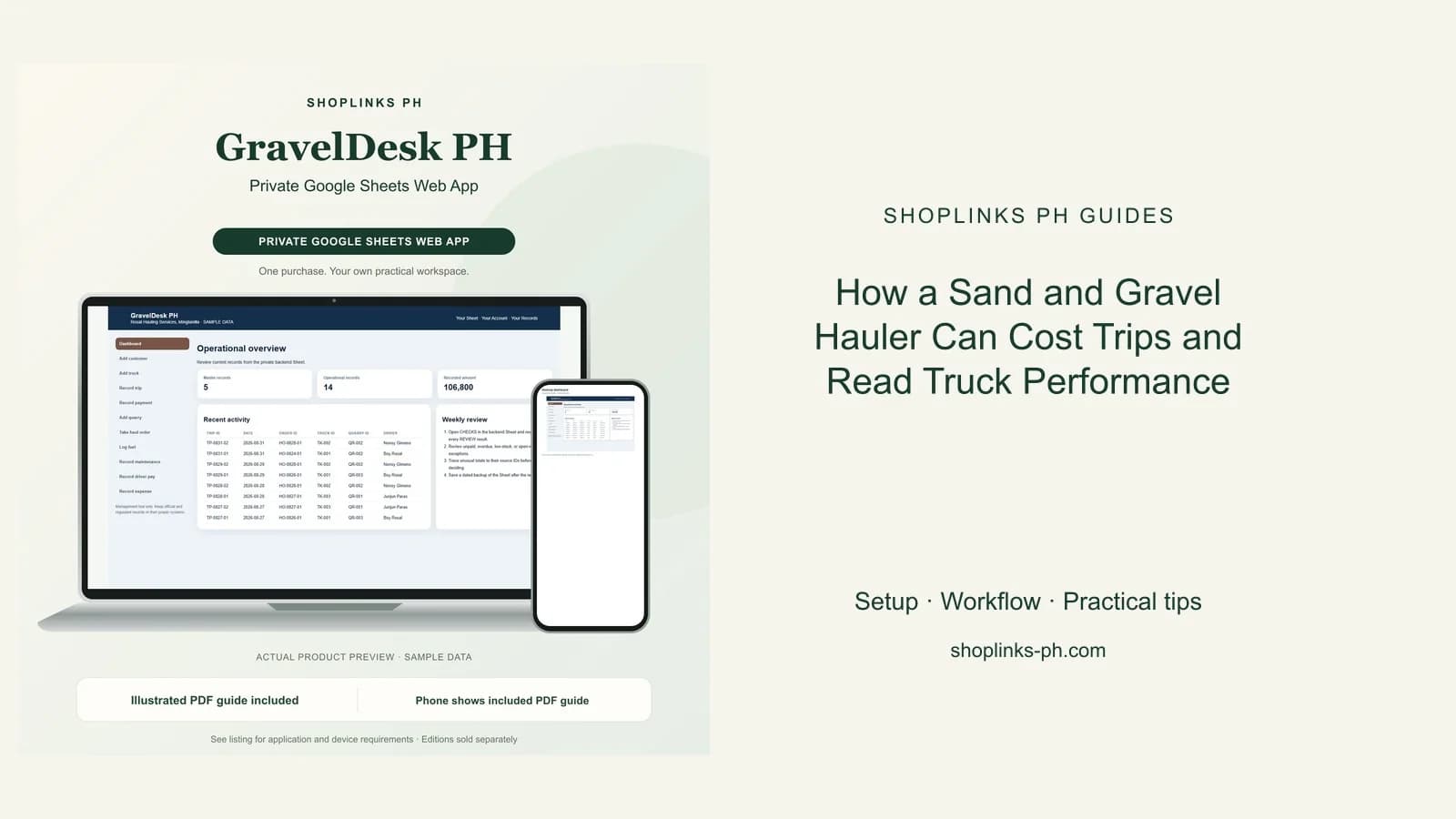 GravelDesk PH Private Google Sheets Web App dashboard using fictional sample data
