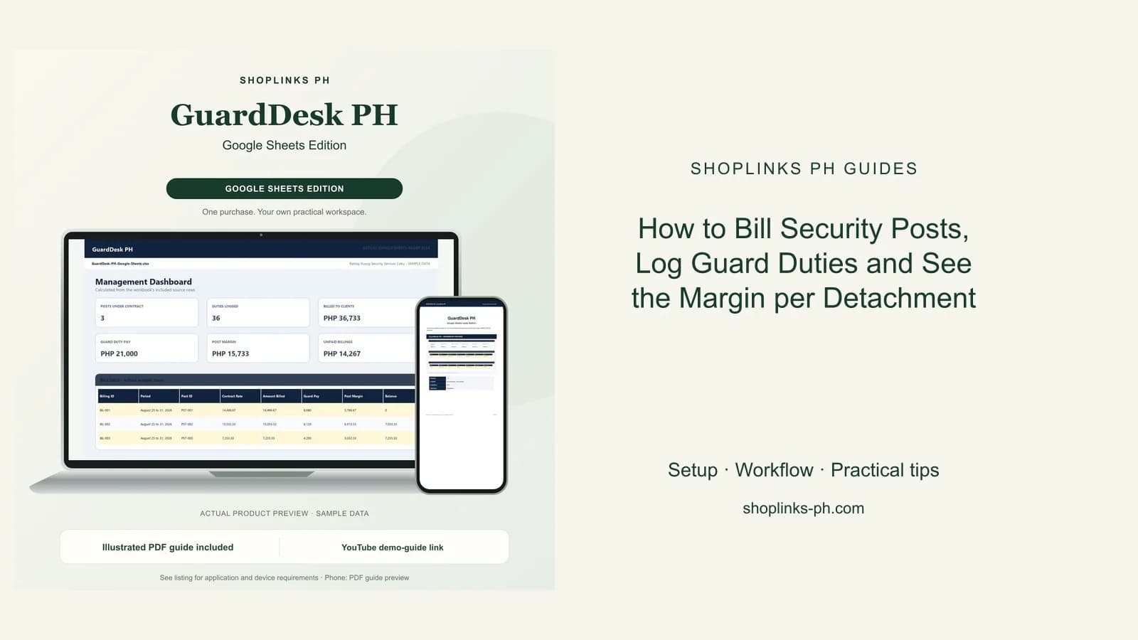 How to Bill Security Posts, Log Guard Duties and See the Margin per Detachment: matching product and illustrated guide previews on laptop and phone.