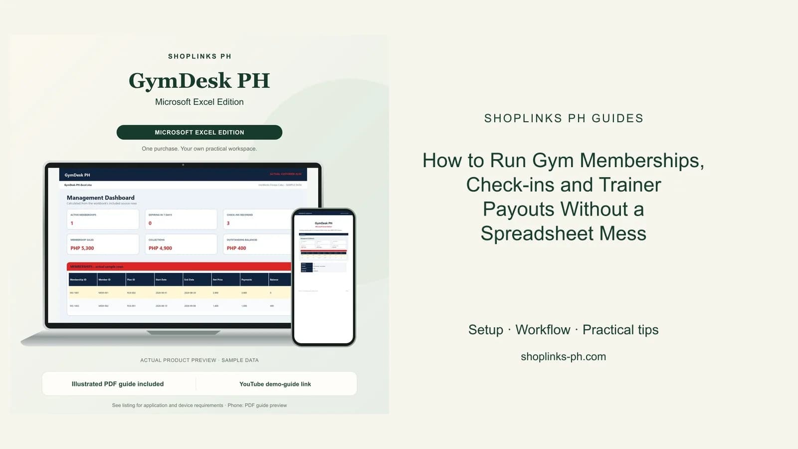 How to Run Gym Memberships, Check-ins and Trainer Payouts Without a Spreadsheet Mess: matching product and illustrated guide previews on laptop and phone.