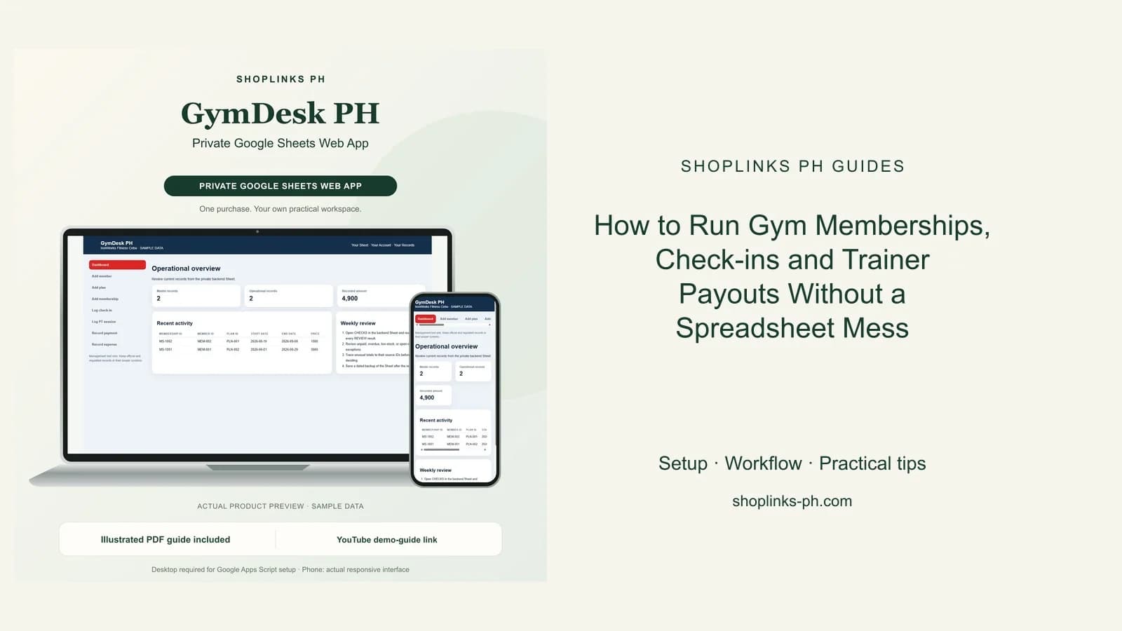 How to Run Gym Memberships, Check-ins and Trainer Payouts Without a Spreadsheet Mess: matching product and illustrated guide previews on laptop and phone.