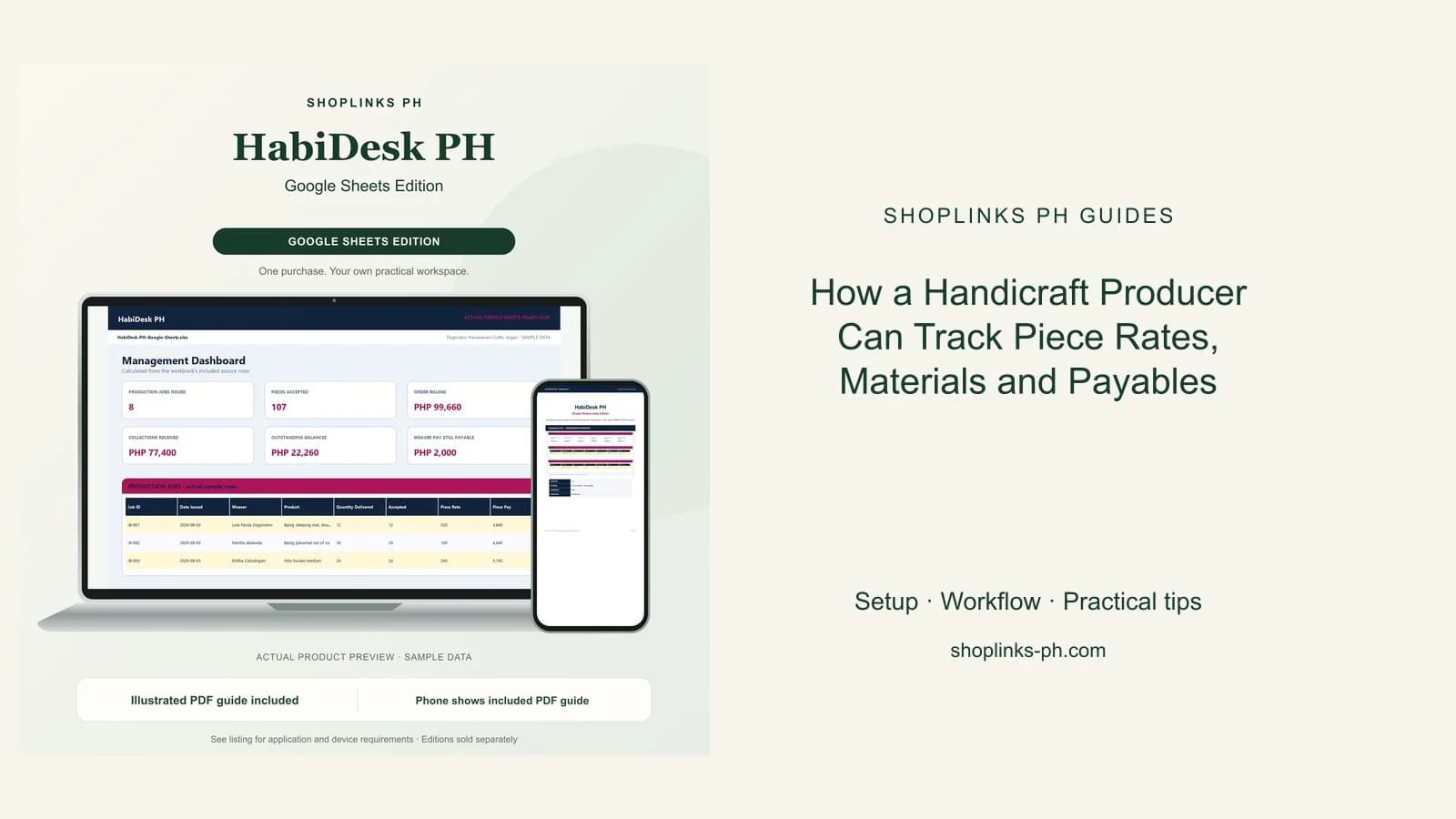 HabiDesk PH Google Sheets Edition dashboard using fictional sample data