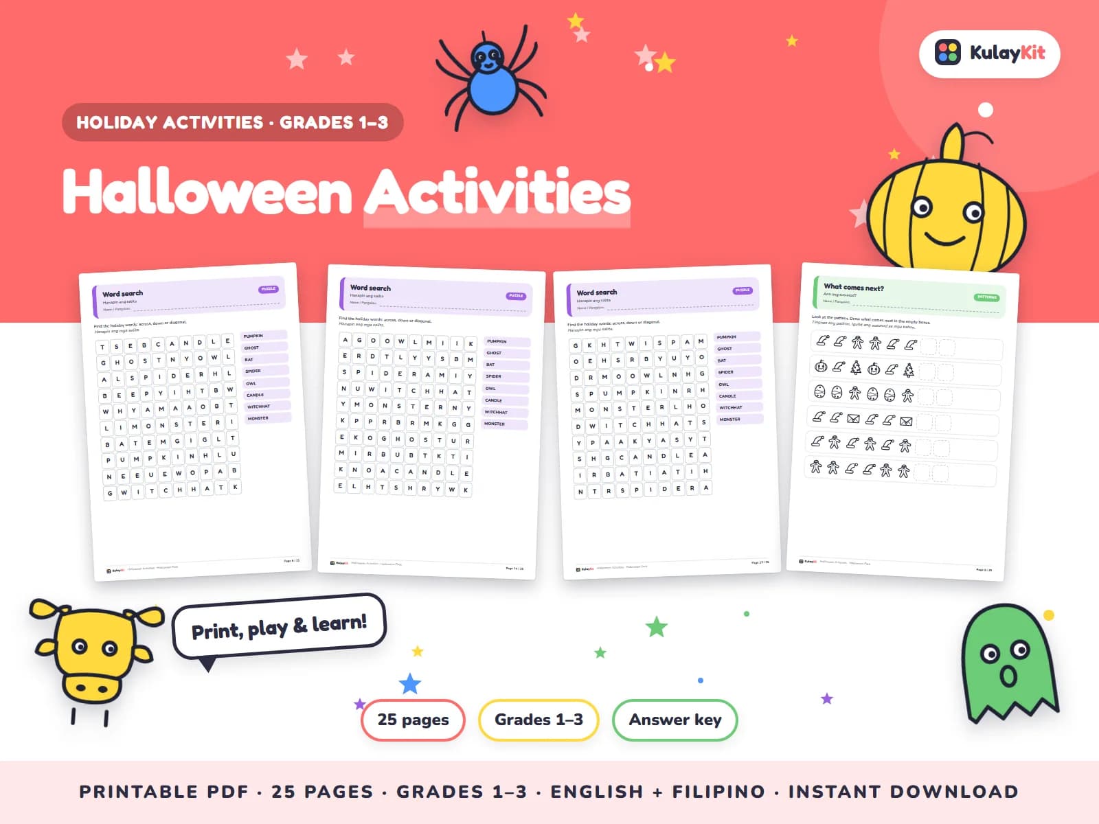 Cover of Halloween Activities, a printable pack for kids in Grades 1 to 3, showing four of its pages