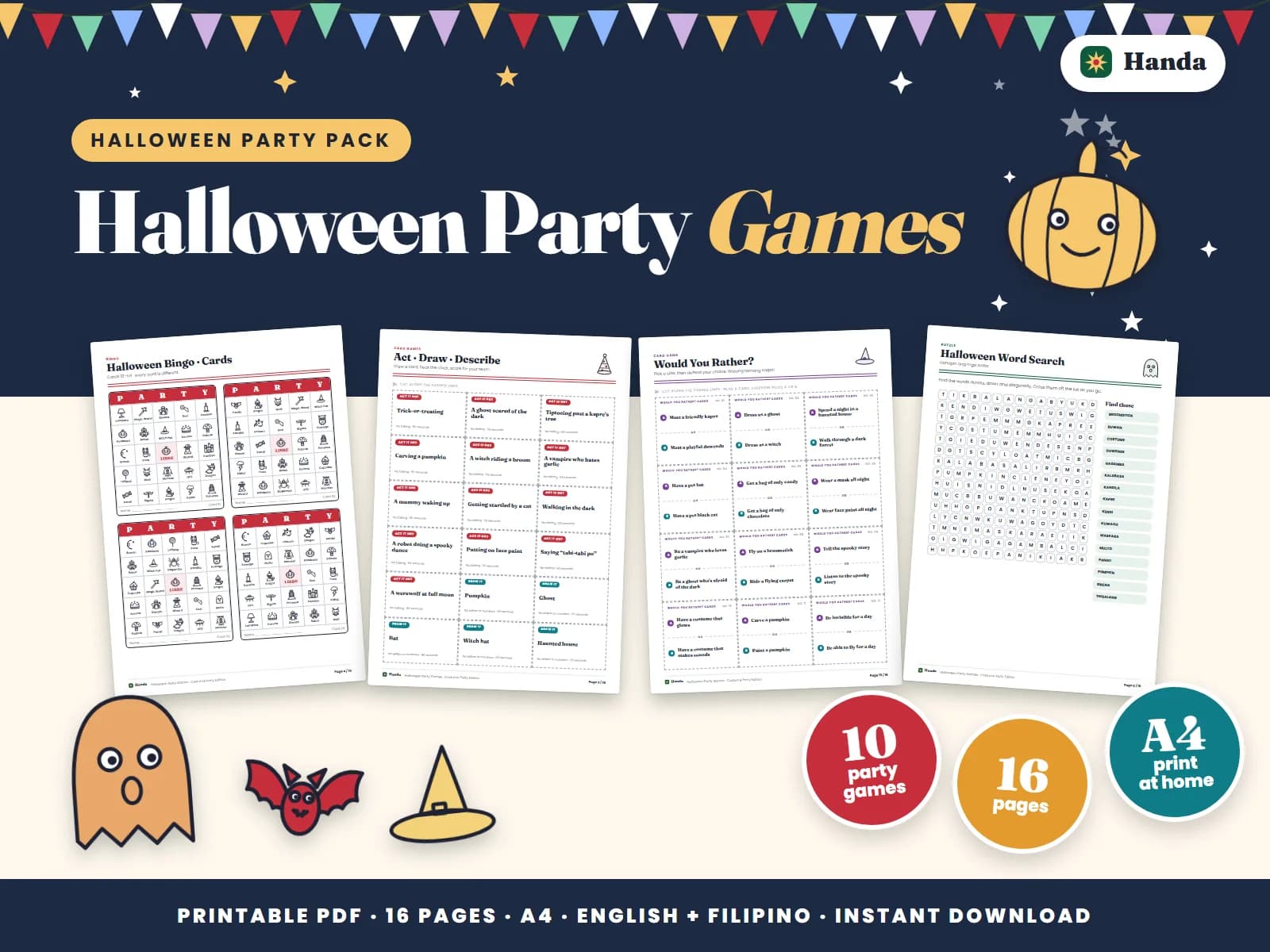Cover of Halloween Party Games, a printable party games pack showing four of its pages