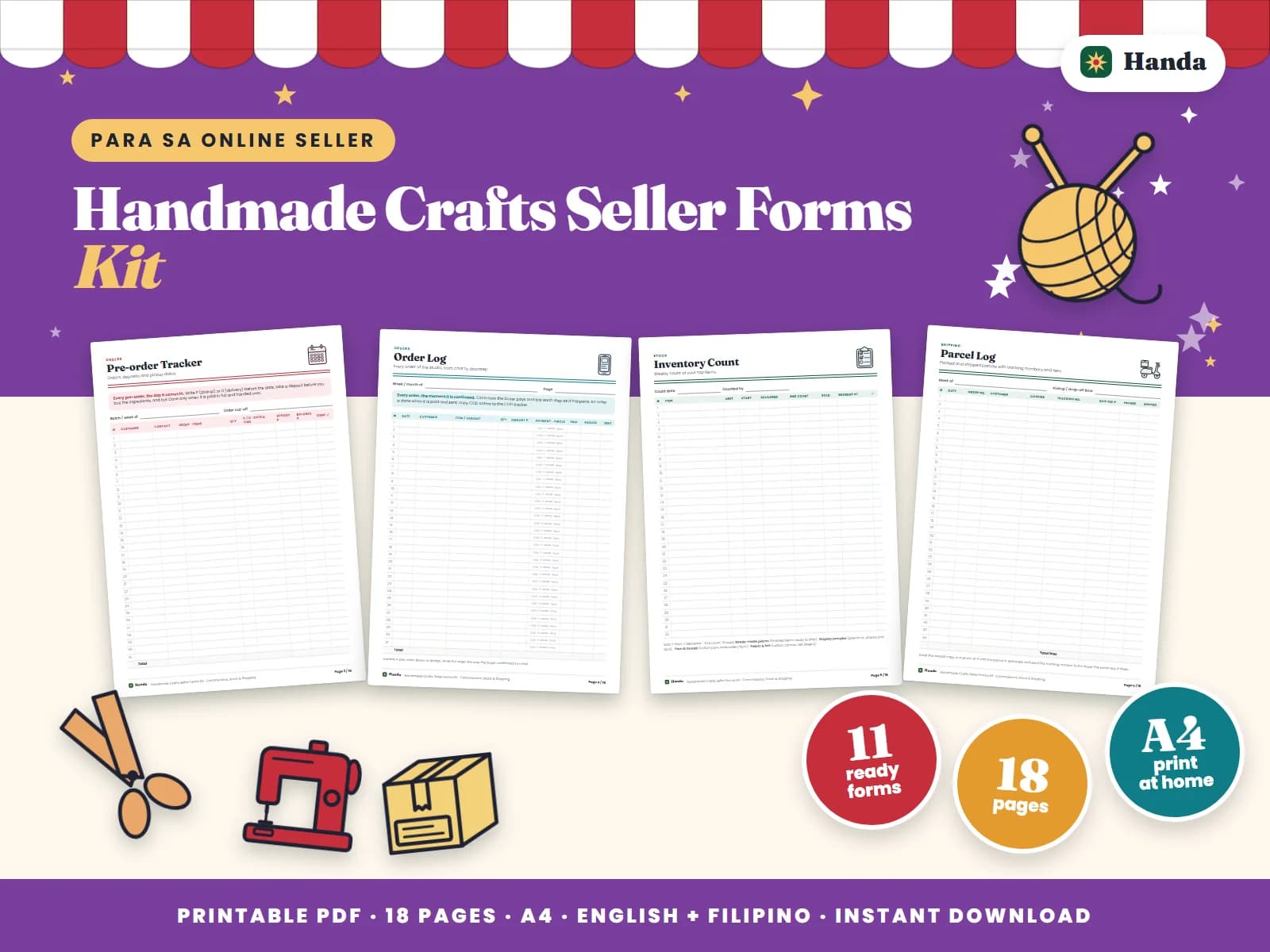 Cover of Handmade Crafts Seller Forms Kit, a printable online seller forms kit showing four of its pages