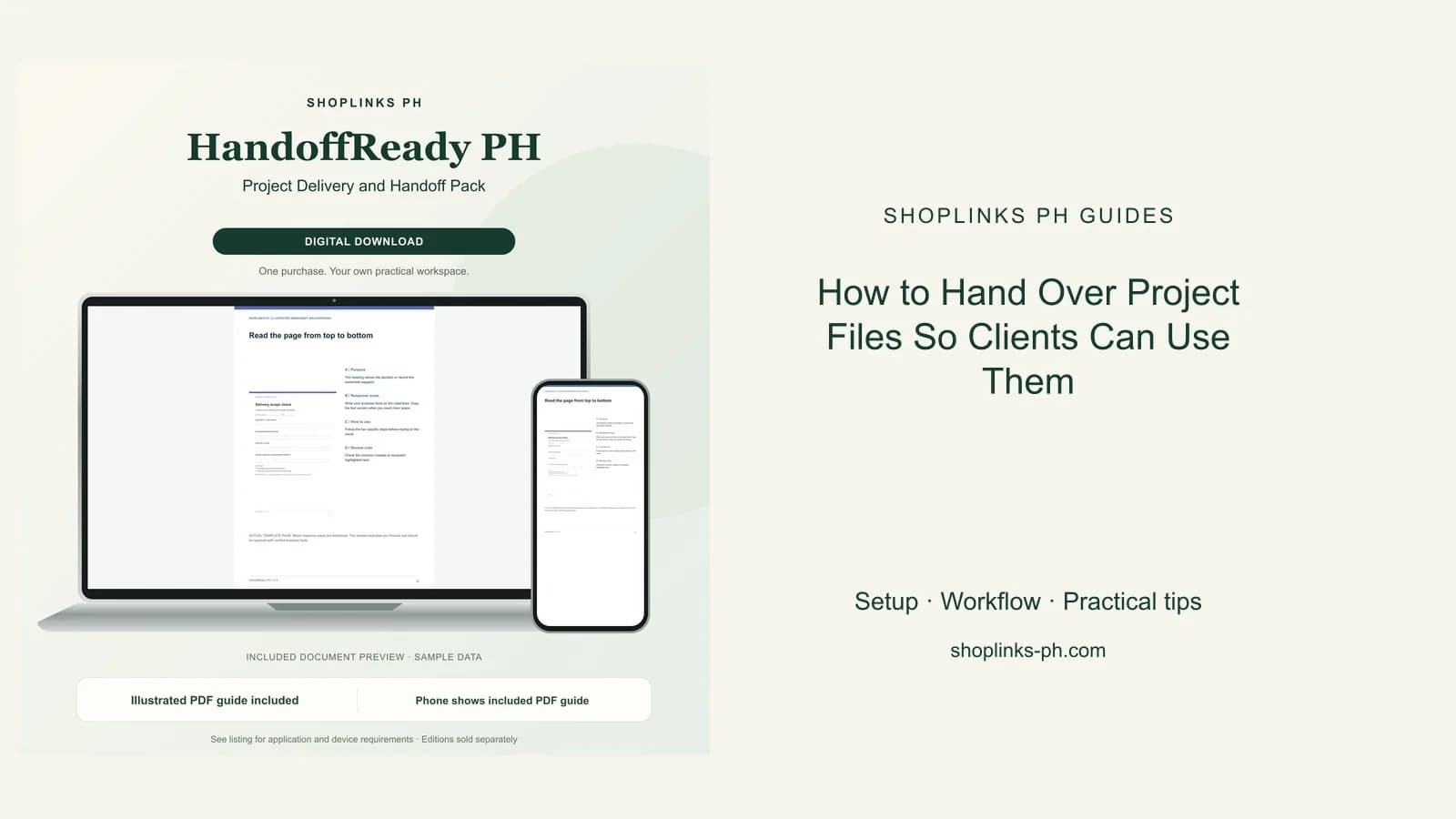 How to Hand Over Project Files So Clients Can Use Them: matching product and illustrated guide previews on laptop and phone.