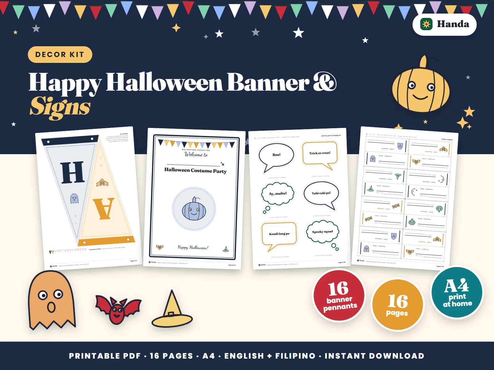 Cover of Happy Halloween Banner & Signs, a printable decor kit showing four of its pages