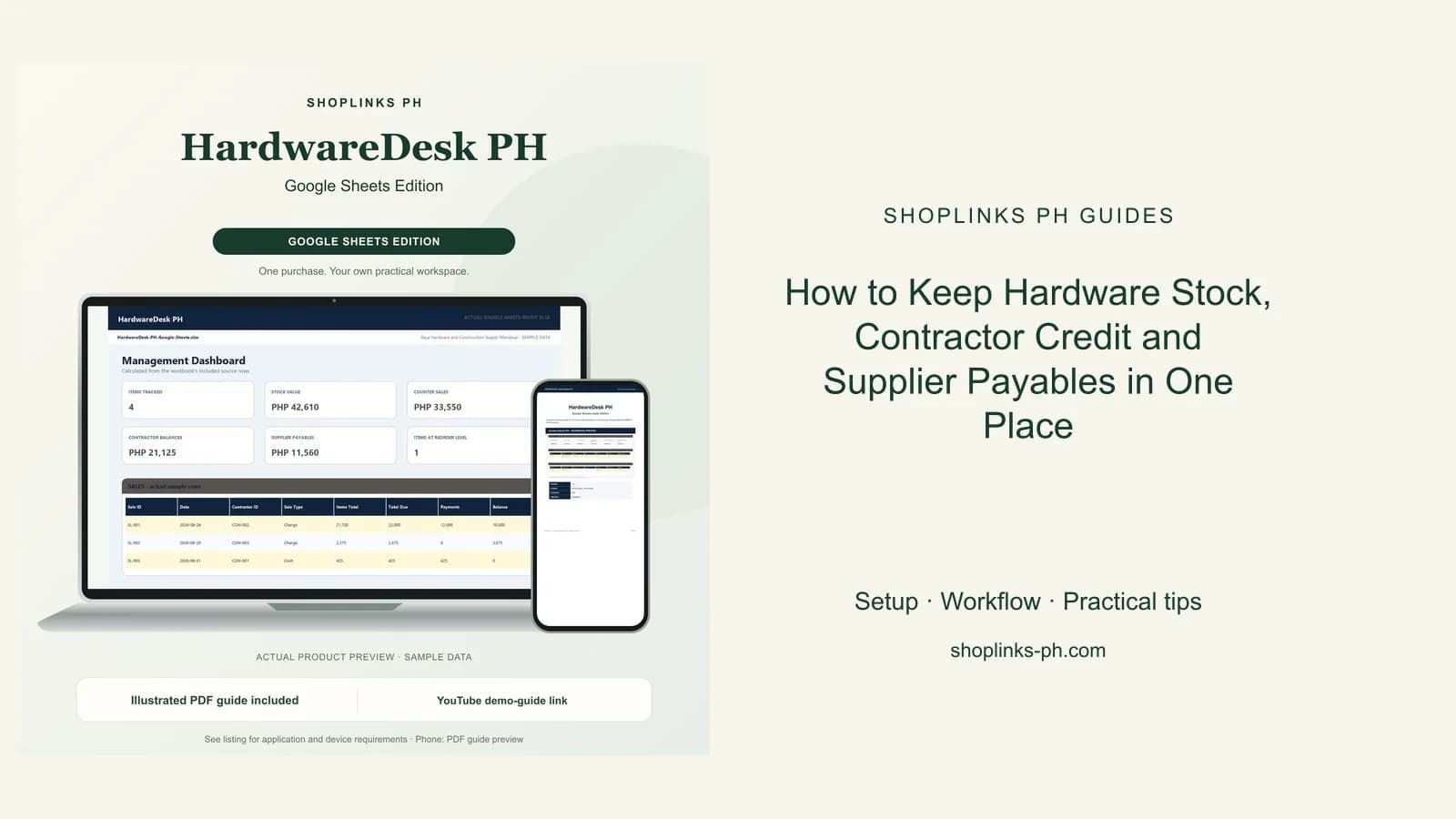 How to Keep Hardware Stock, Contractor Credit and Supplier Payables in One Place: matching product and illustrated guide previews on laptop and phone.