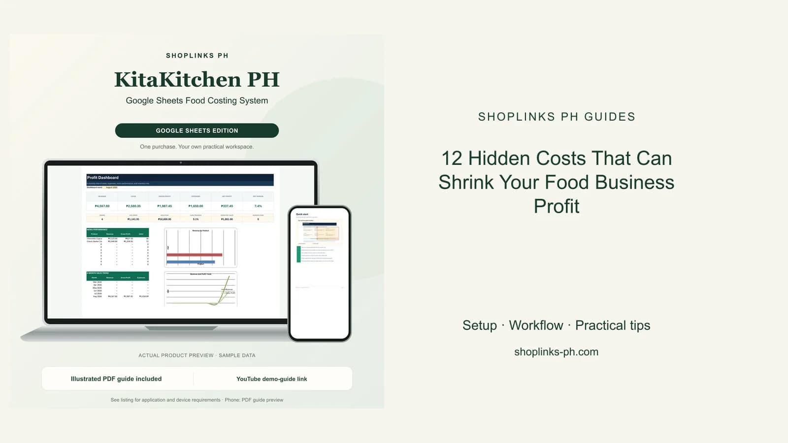 12 Hidden Costs That Can Shrink Your Food Business Profit: matching product and illustrated guide previews on laptop and phone.