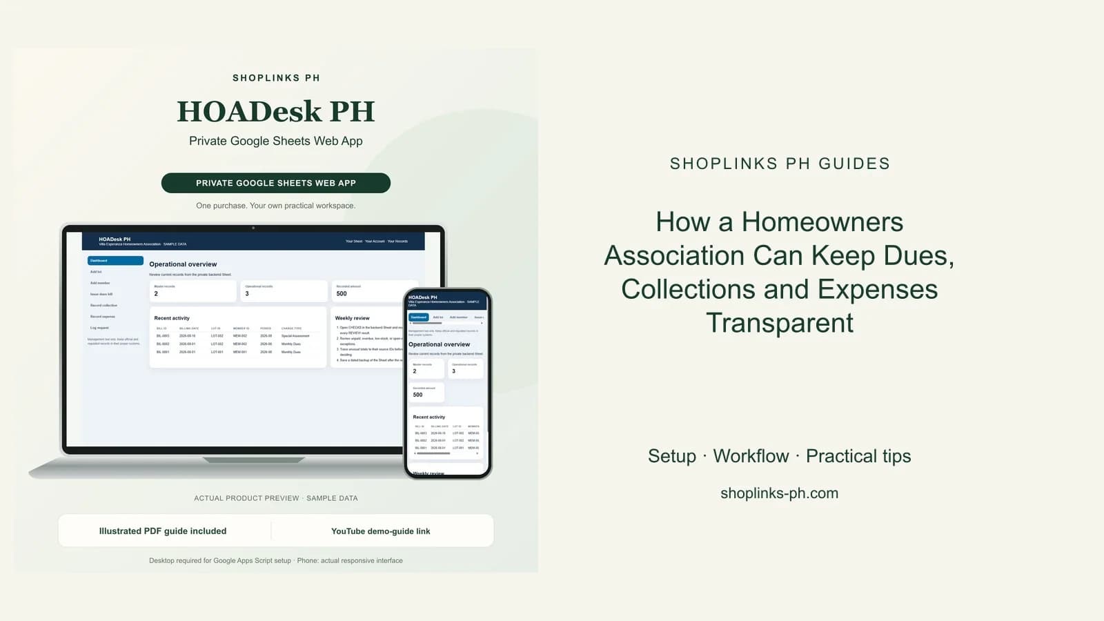 How a Homeowners Association Can Keep Dues, Collections and Expenses Transparent: matching product and illustrated guide previews on laptop and phone.