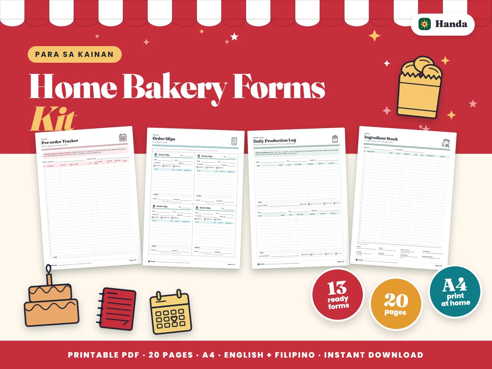 Cover of Home Bakery Forms Kit, a printable food business forms kit showing four of its pages