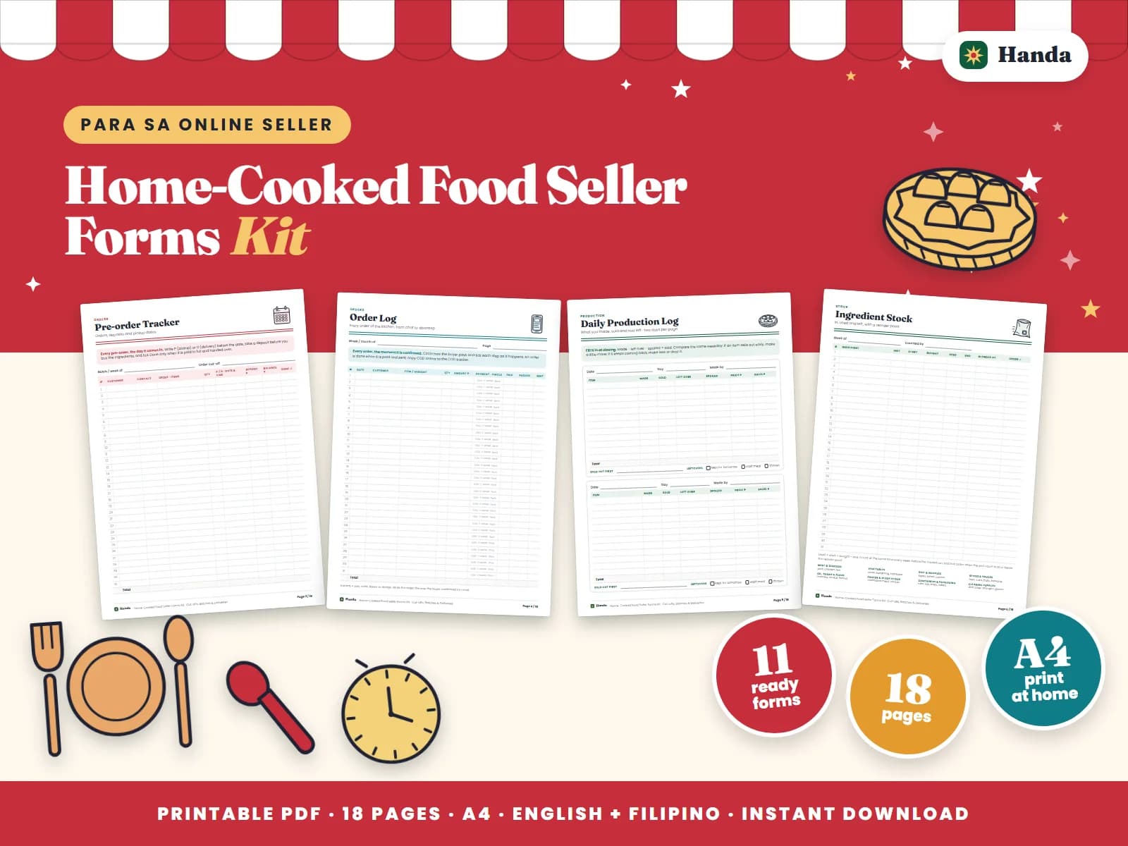 Cover of Home-Cooked Food Seller Forms Kit, a printable online seller forms kit showing four of its pages