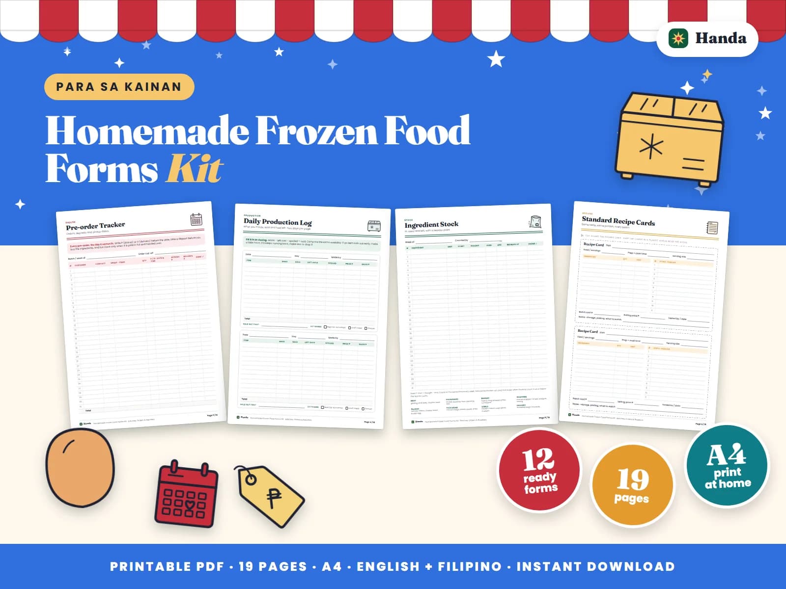Cover of Homemade Frozen Food Forms Kit, a printable food business forms kit showing four of its pages