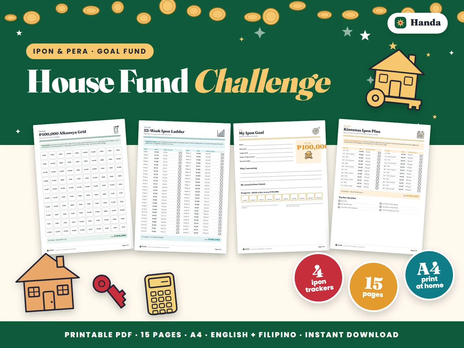 Cover of House Fund Challenge, a printable ipon challenge kit showing four of its pages