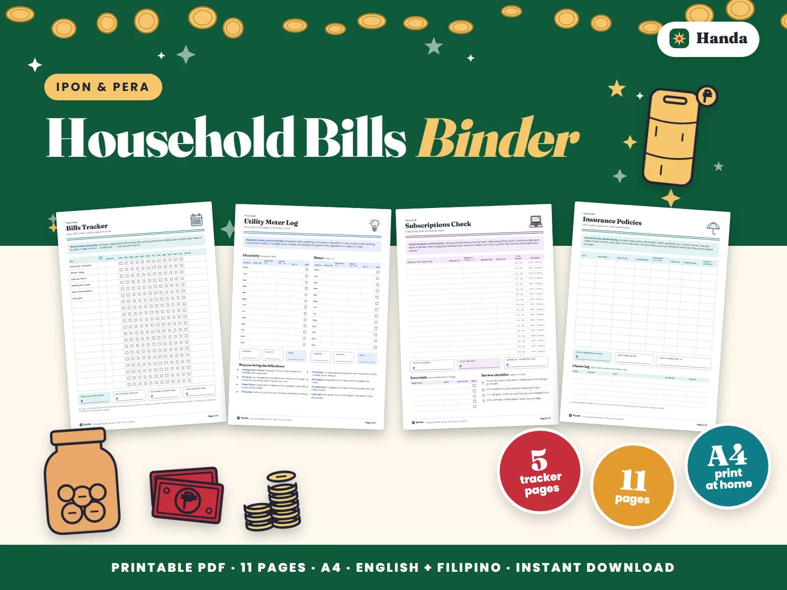 Cover of Household Bills Binder, a printable budget planner showing four of its pages