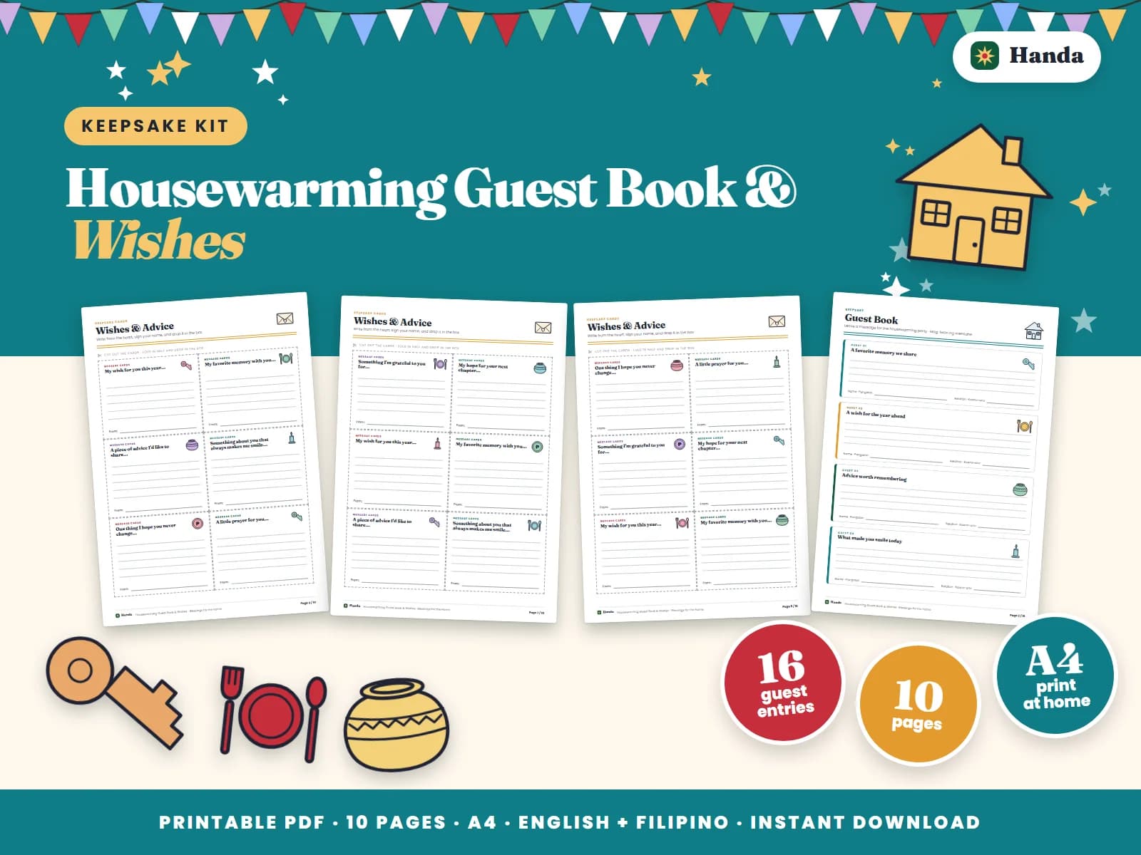 Cover of Housewarming Guest Book & Wishes, a printable guest book and keepsake set showing four of its pages
