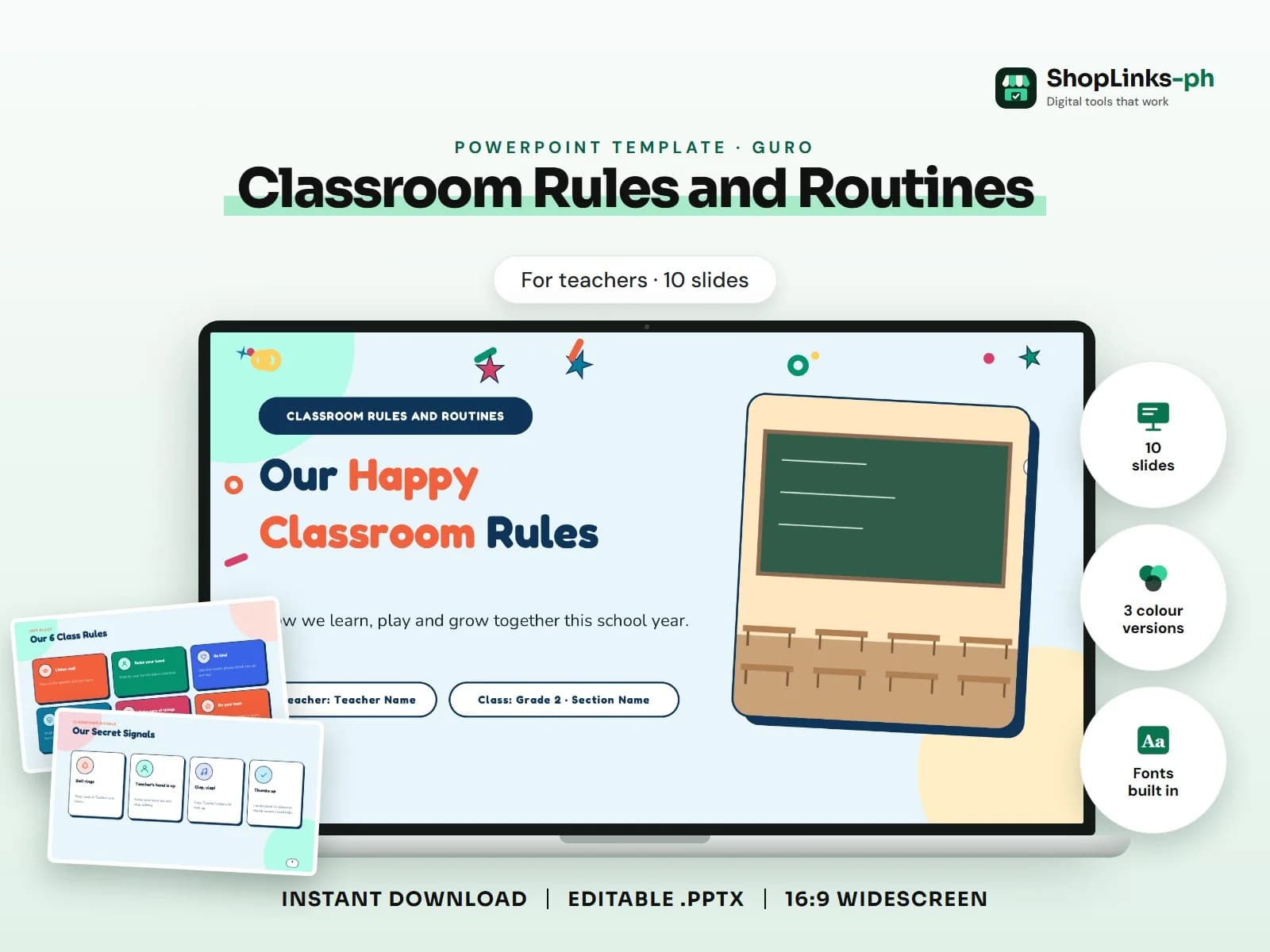 Cover of the Classroom Rules and Routines PowerPoint template on a laptop