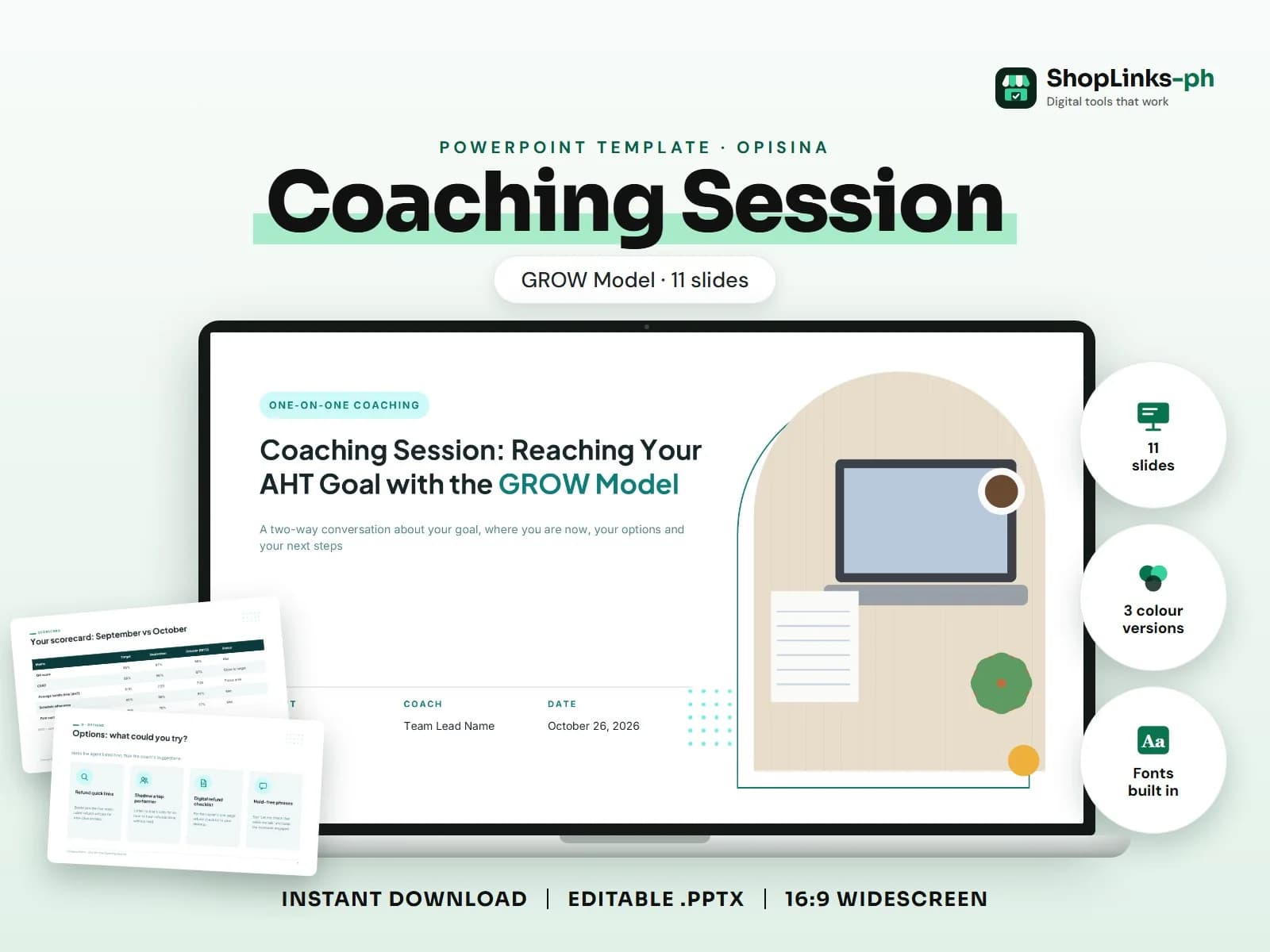 Cover of the Coaching Session (GROW Model) PowerPoint template on a laptop