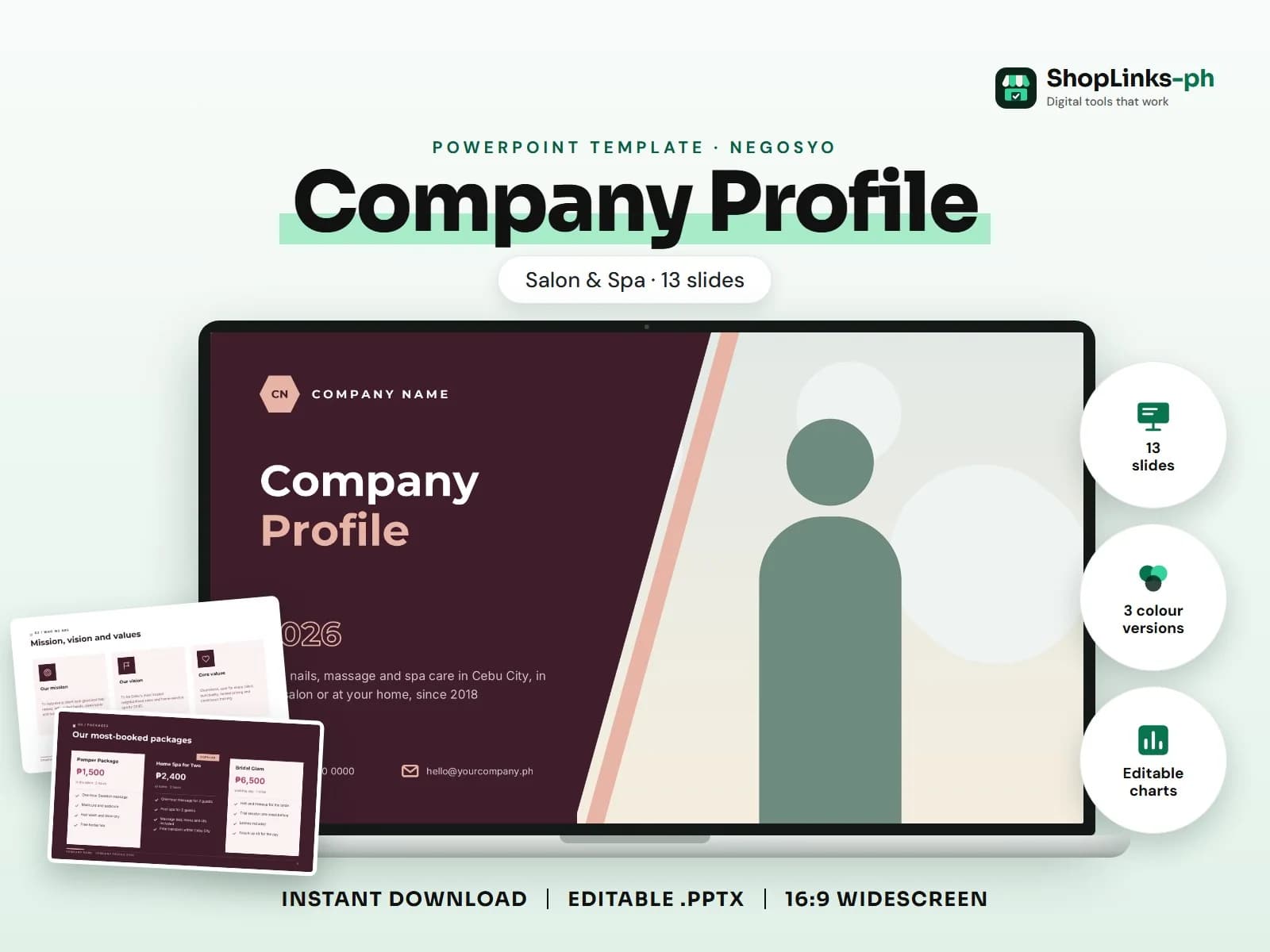 Cover of the Company Profile: Salon & Spa PowerPoint template on a laptop