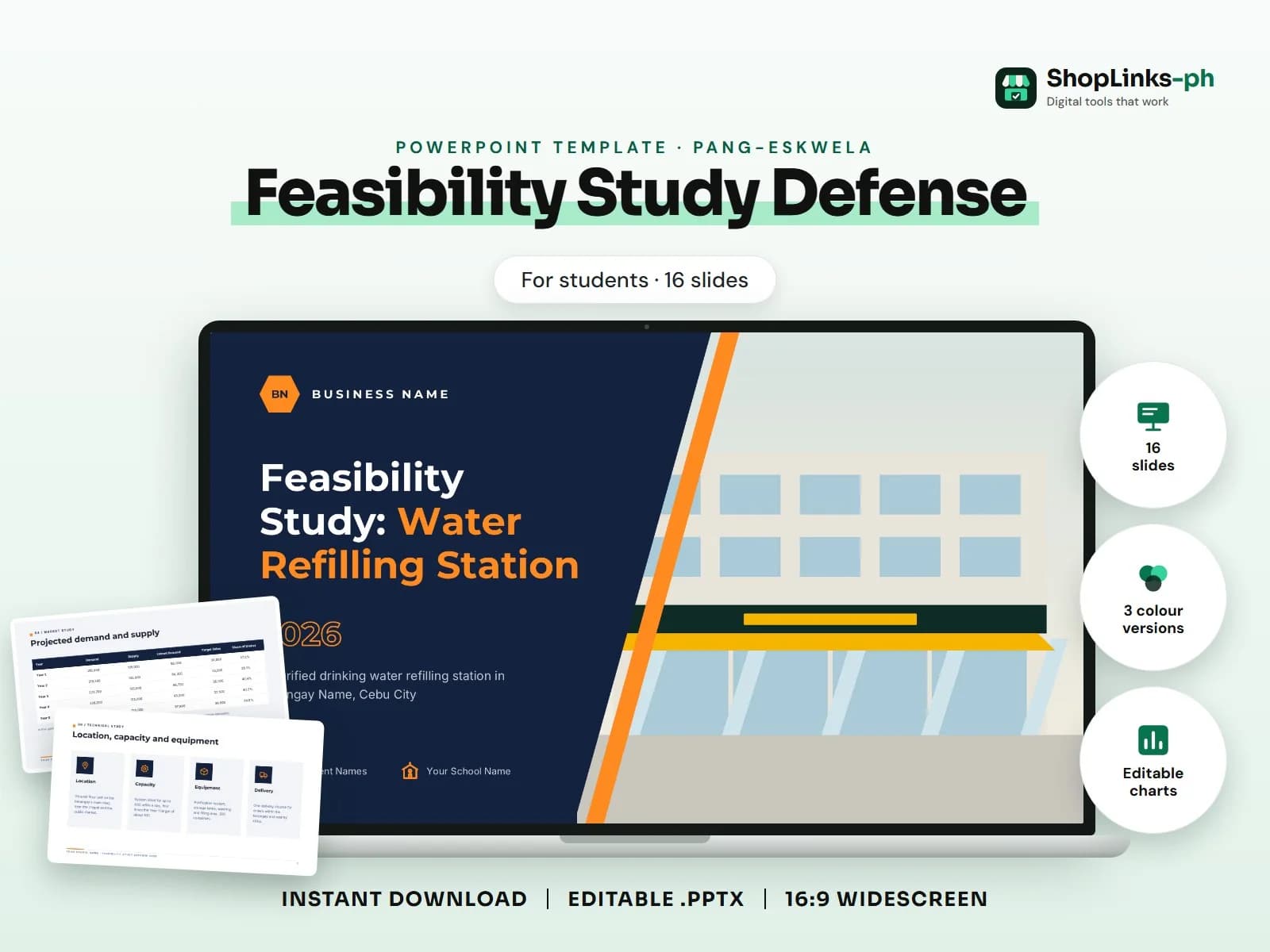 Cover of the Feasibility Study Defense PowerPoint template on a laptop