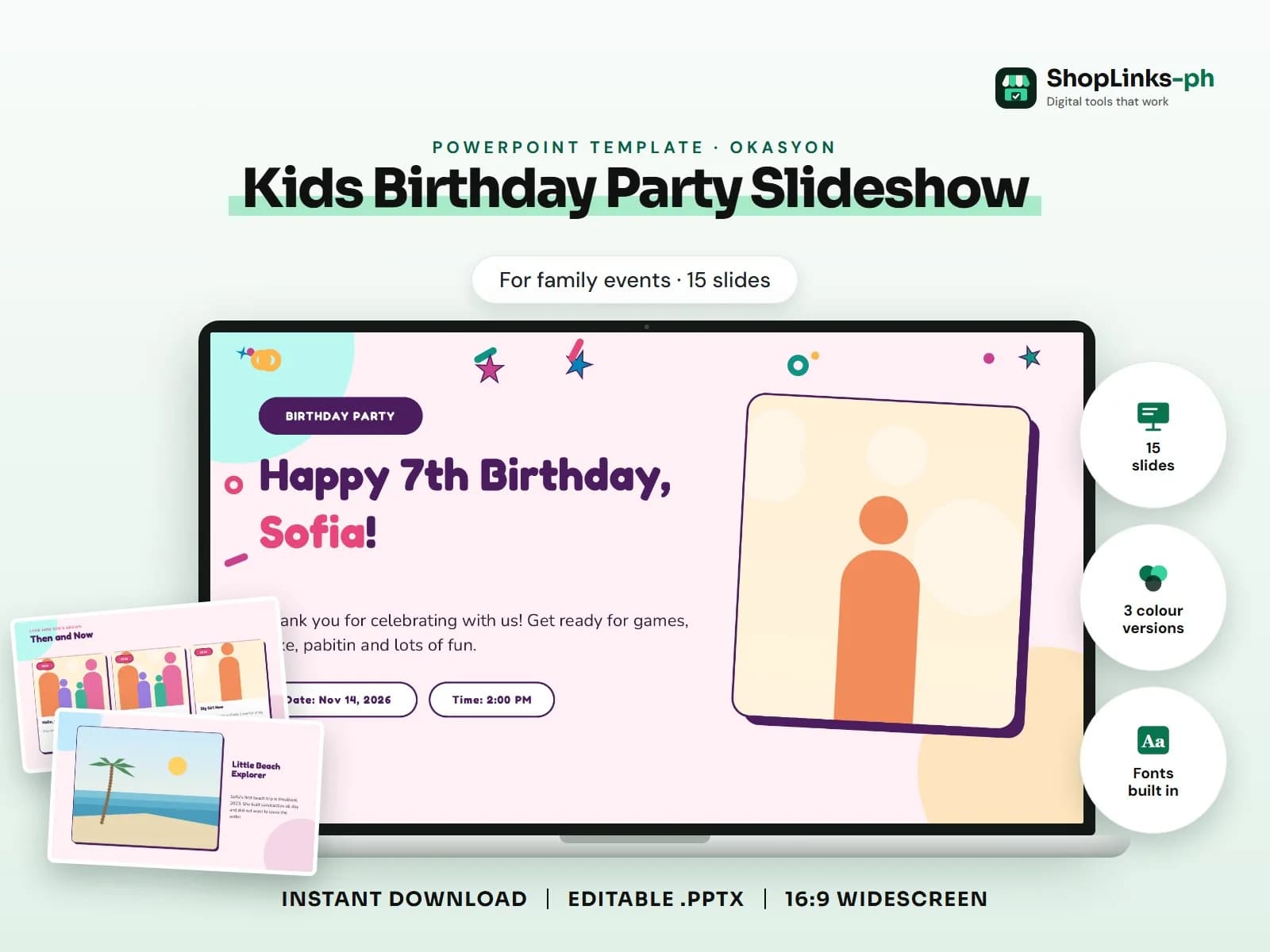 Cover of the Kids Birthday Party Slideshow PowerPoint template on a laptop