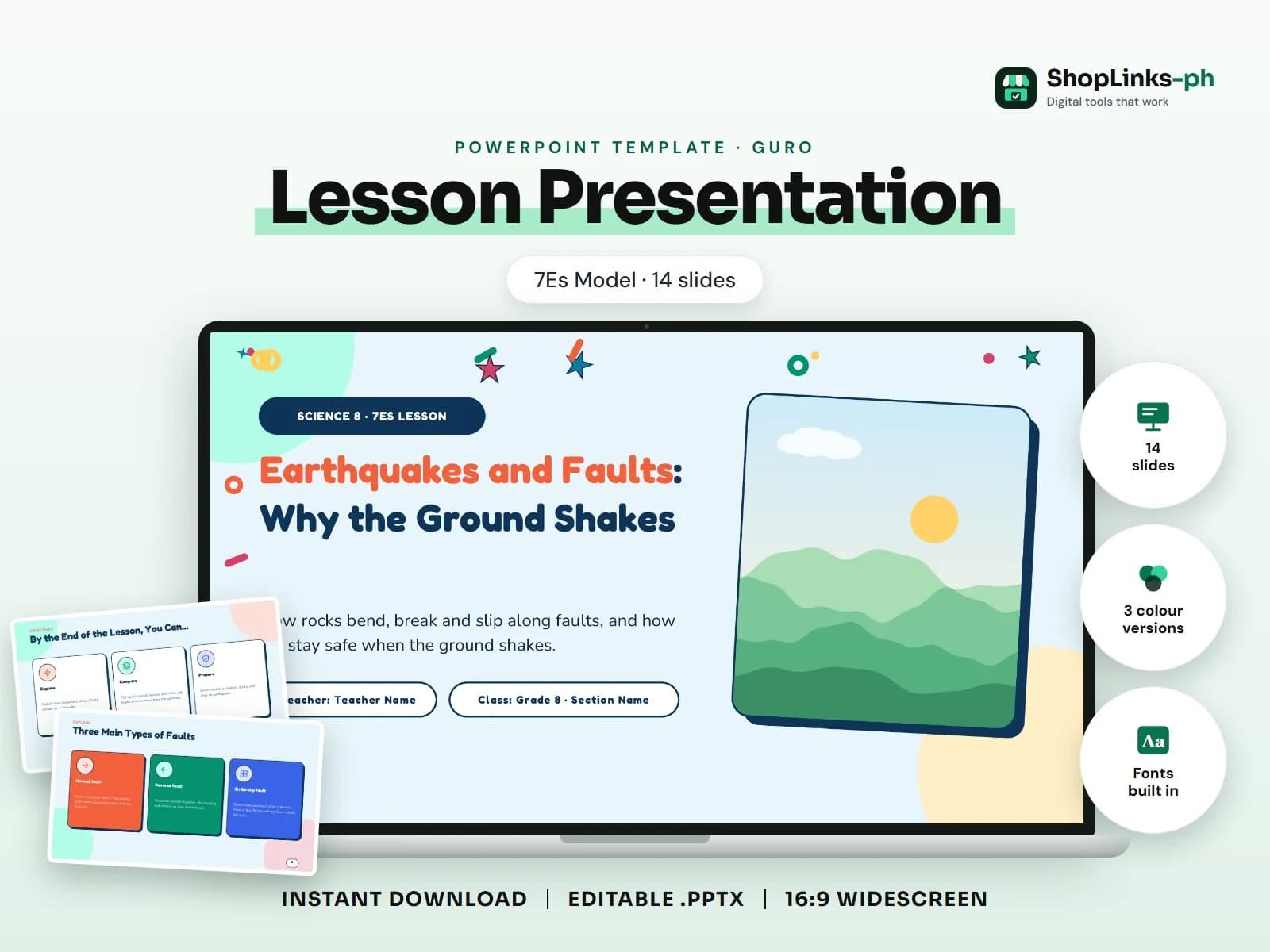 Cover of the Lesson Presentation: 7Es Model PowerPoint template on a laptop