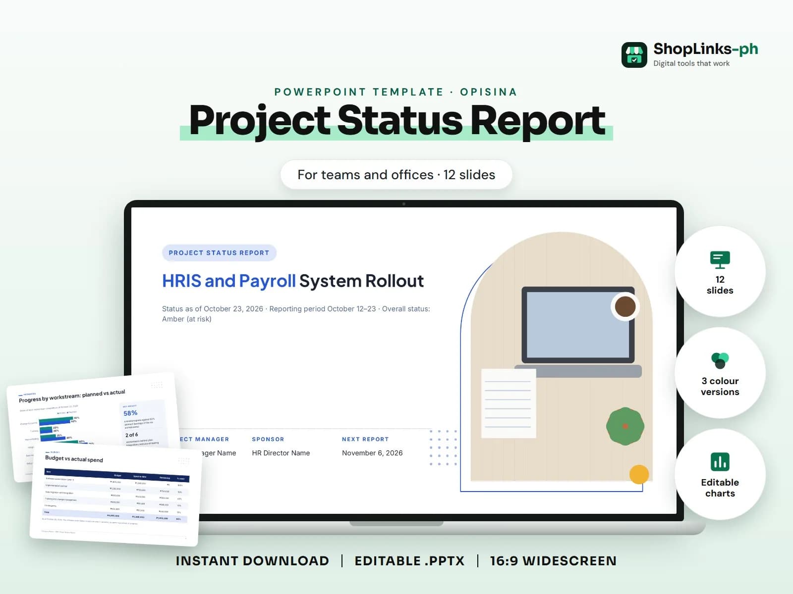 Cover of the Project Status Report PowerPoint template on a laptop