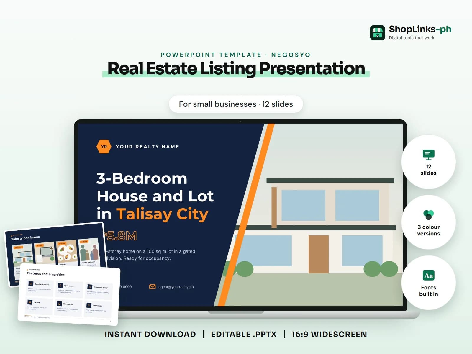 Cover of the Real Estate Listing Presentation PowerPoint template on a laptop