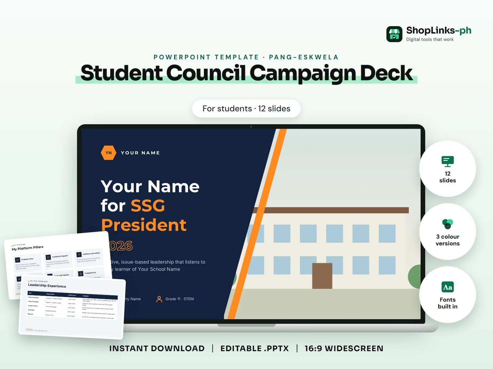 Cover of the Student Council Campaign Deck PowerPoint template on a laptop